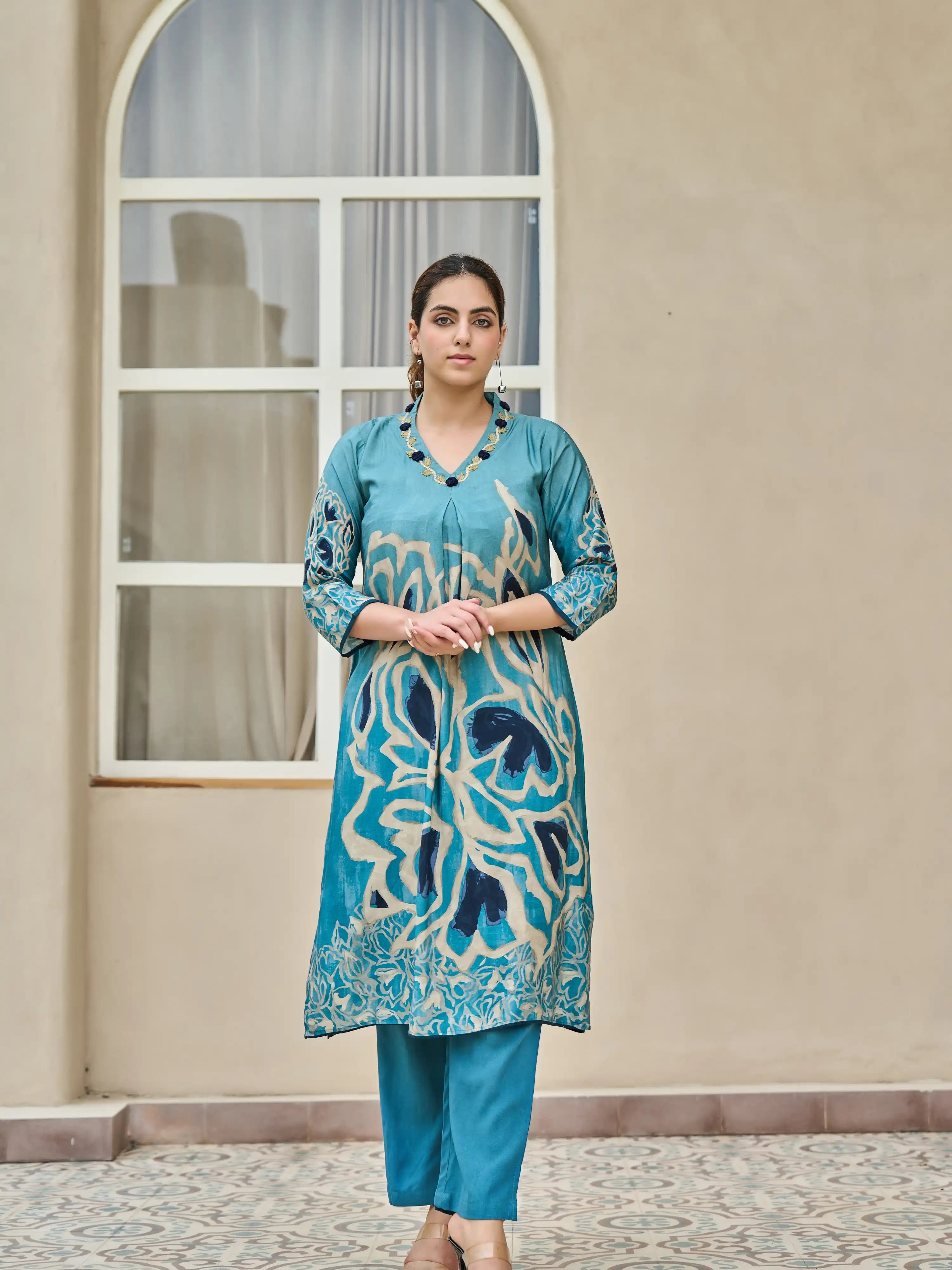 TEAL BLUE ABSTRACT THREAD WORK A-LINE KURTA SET