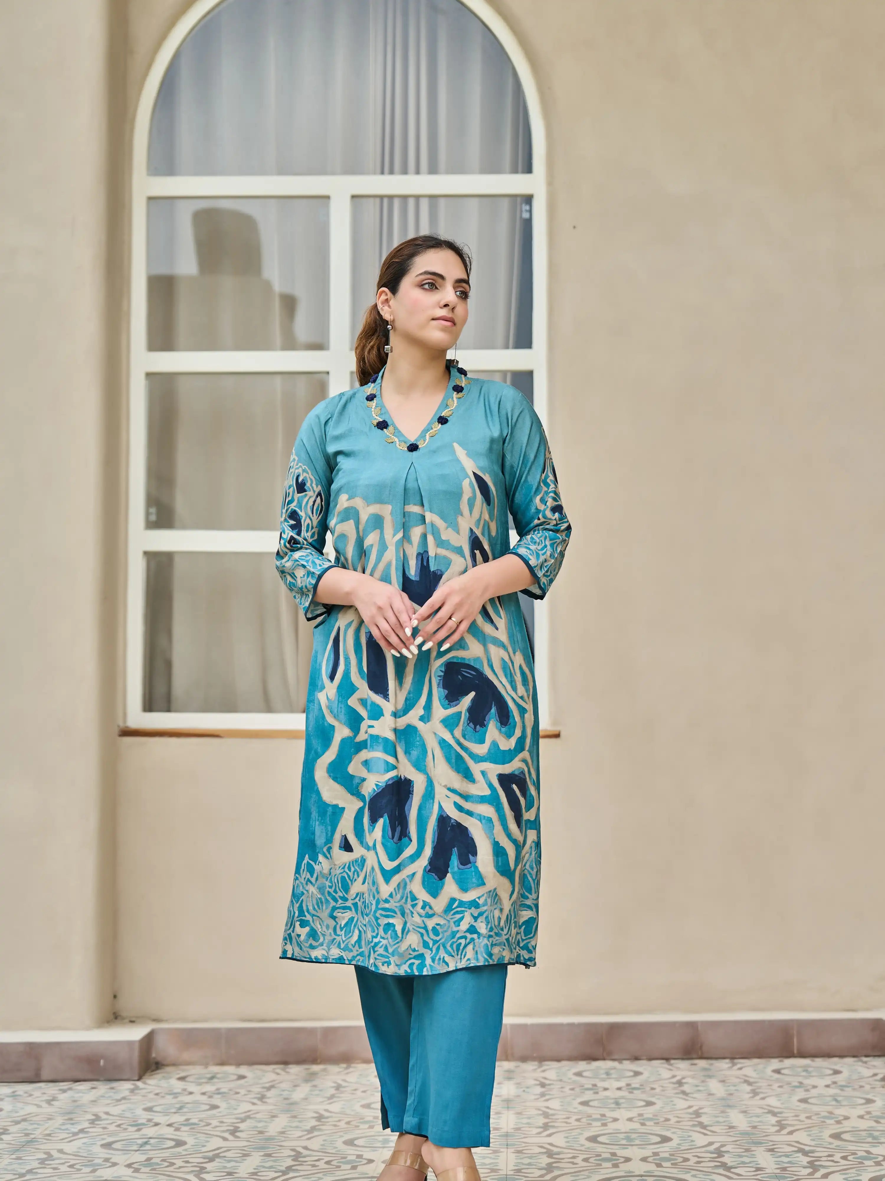 TEAL BLUE ABSTRACT THREAD WORK A-LINE KURTA SET