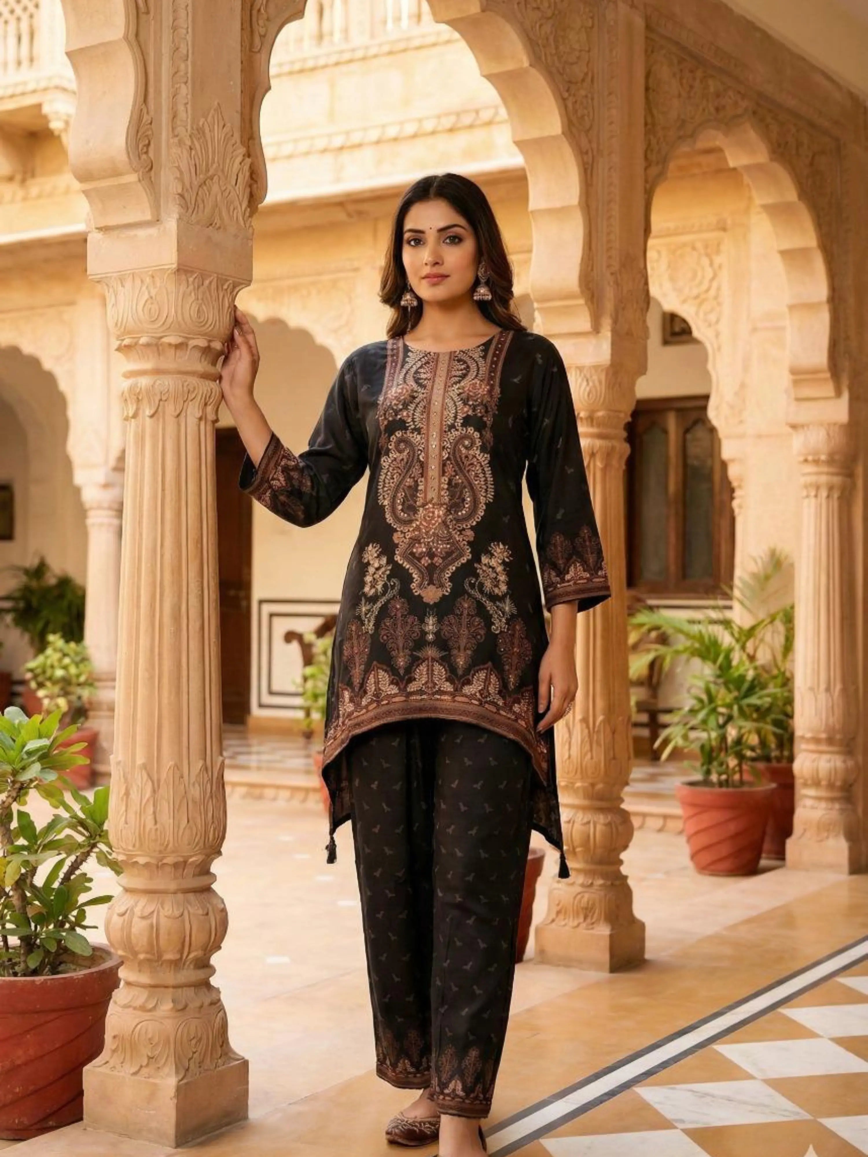 BLACK DIGITAL PRINT MIRROR WORK CO-ORD SET