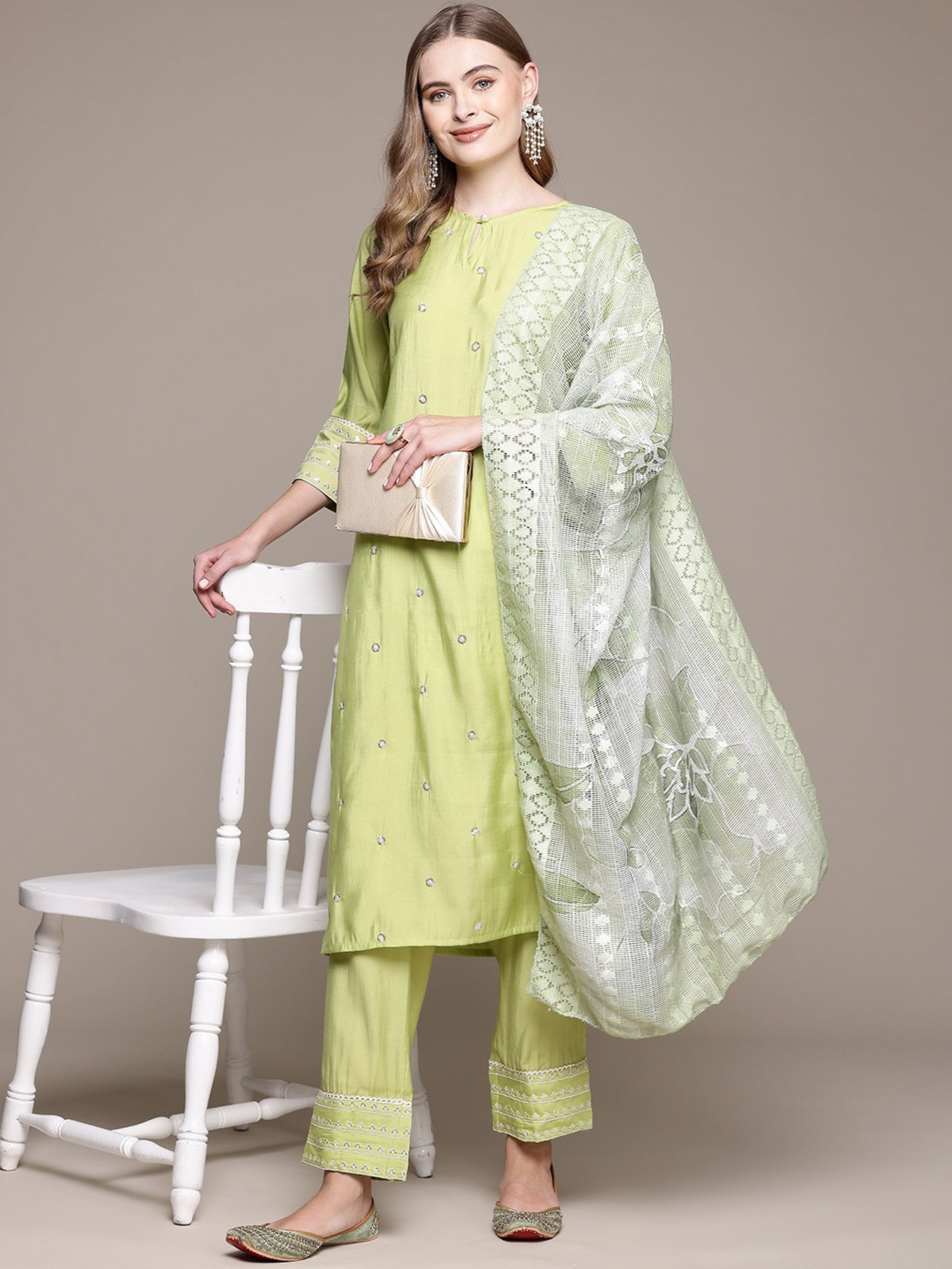 LIME GREEN STRAIGHT EMBROIDERED SUIT SET