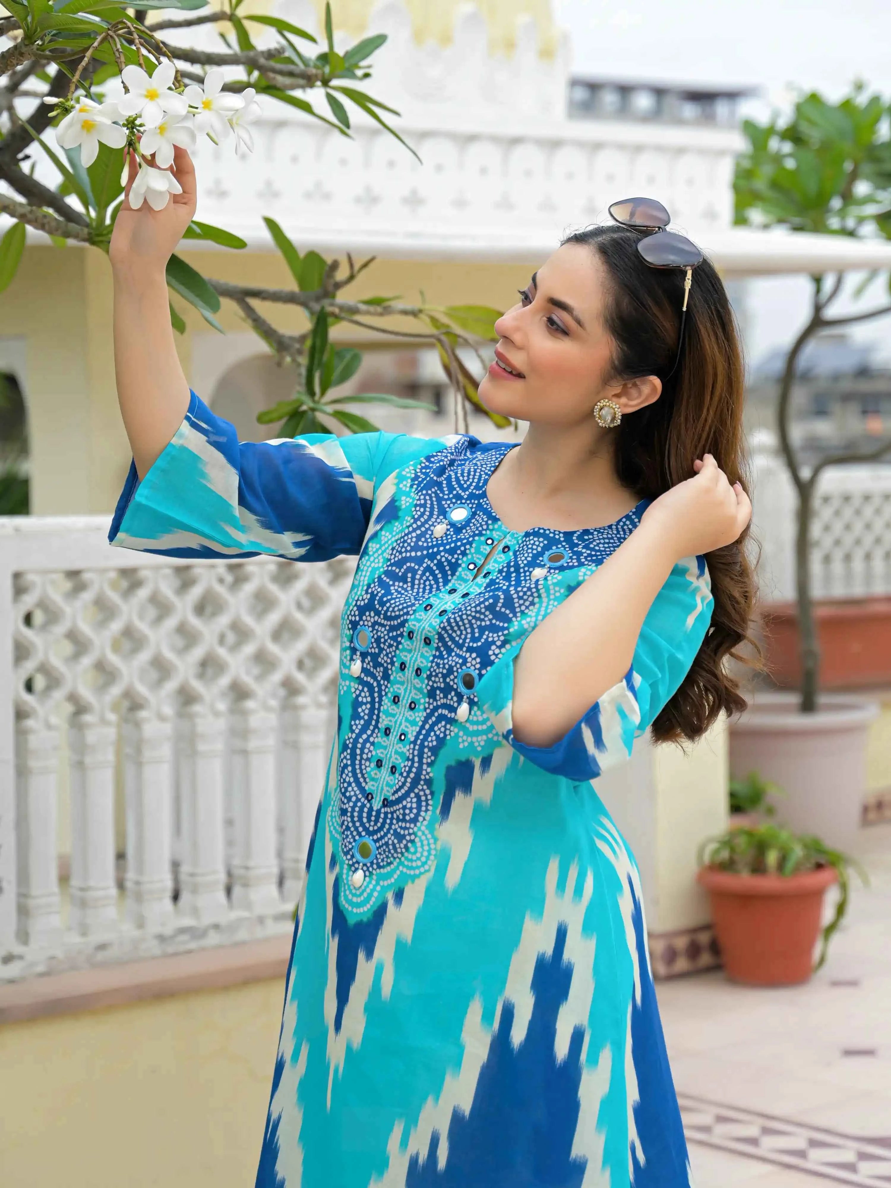 BLUE & TURQUOISE BANDHANI PRINT PURE COTTON KURTA SET
