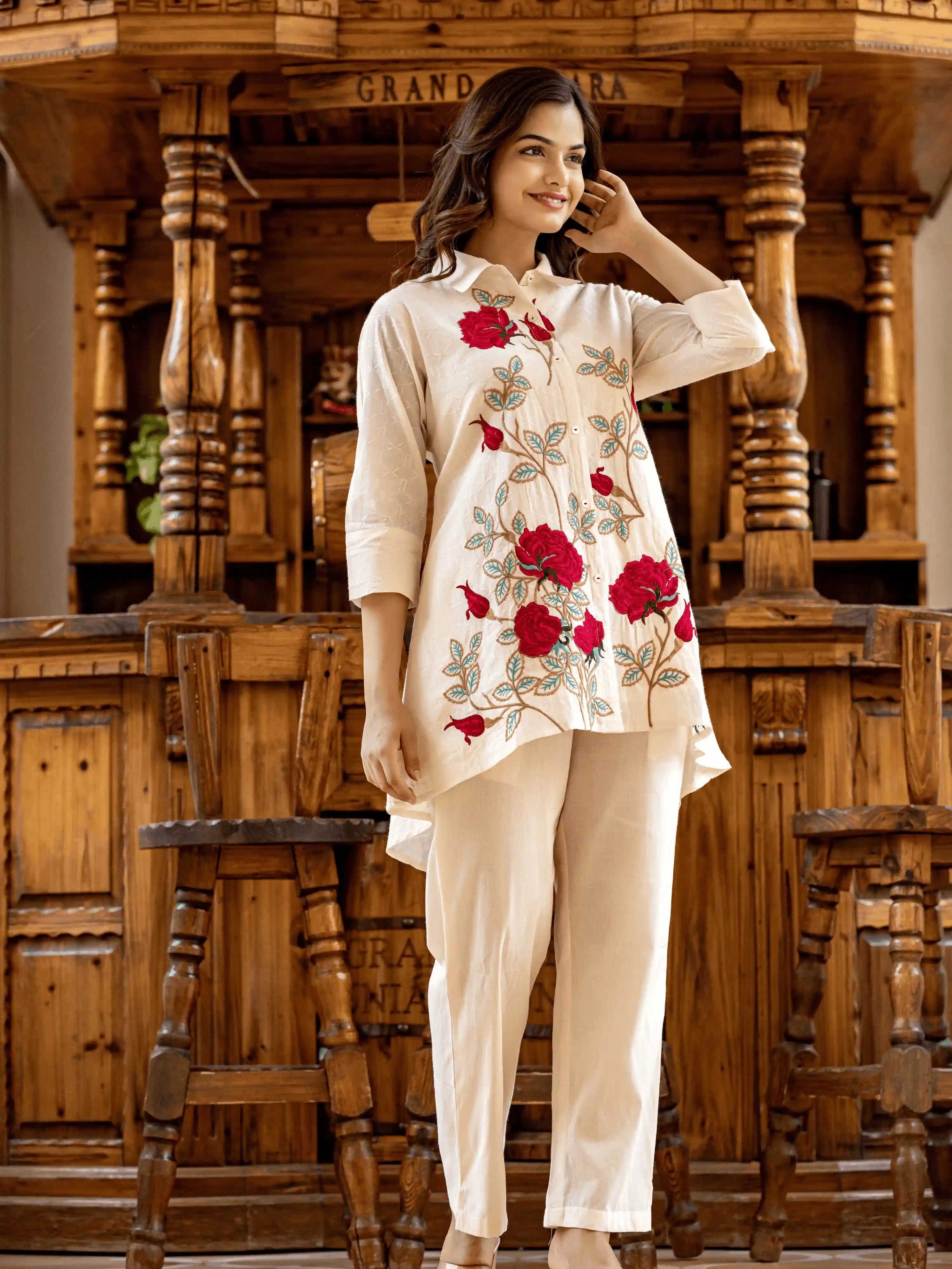IVORY FLORAL EMBROIDERED HIGH-LOW CO-ORD SET