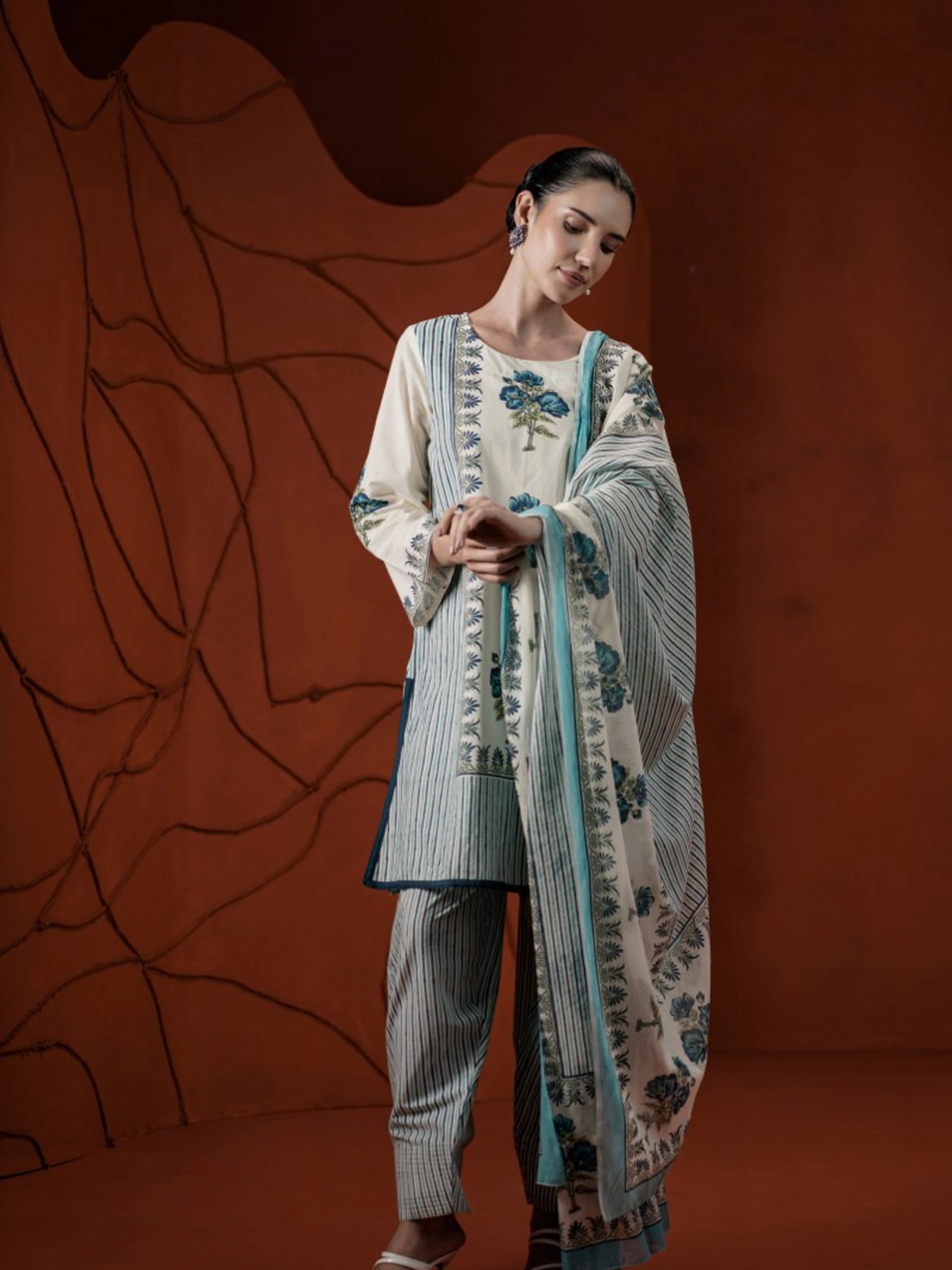 SKY BLUE FLORAL BORDER PRINT PURE COTTON SUIT SET