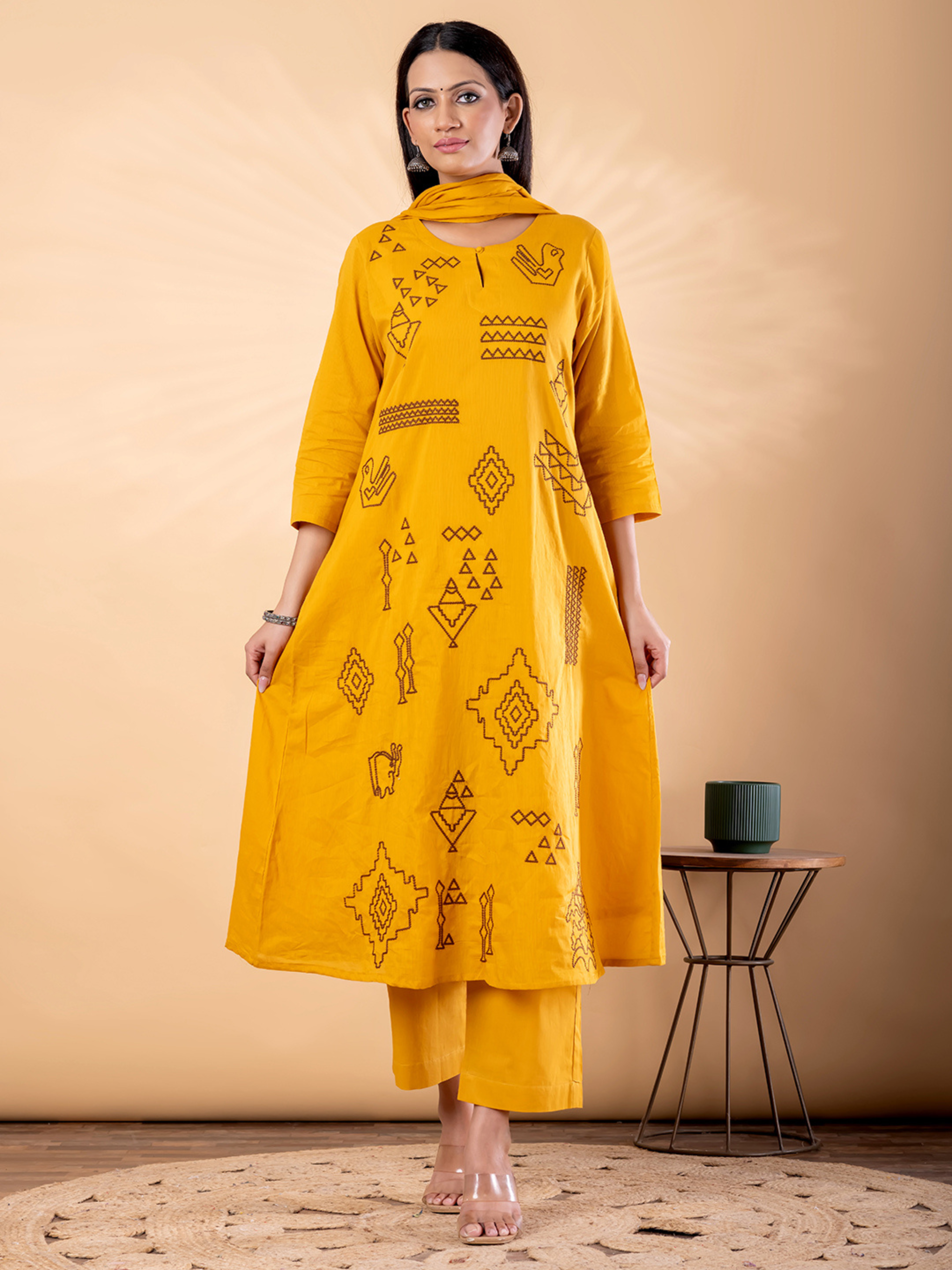 MUSTARD YELLOW TRIBAL EMBROIDERED SUIT SET