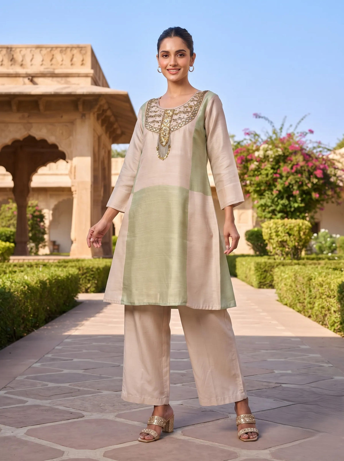 PASTEL GREEN AND BEIGE  HAND EMBROIDERED SALSA CO-ORD SET