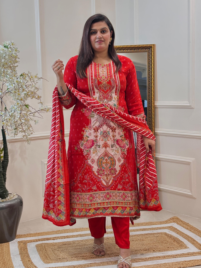 SANA A-LINE RED ZARI WORK PURE CREPE SUIT SET