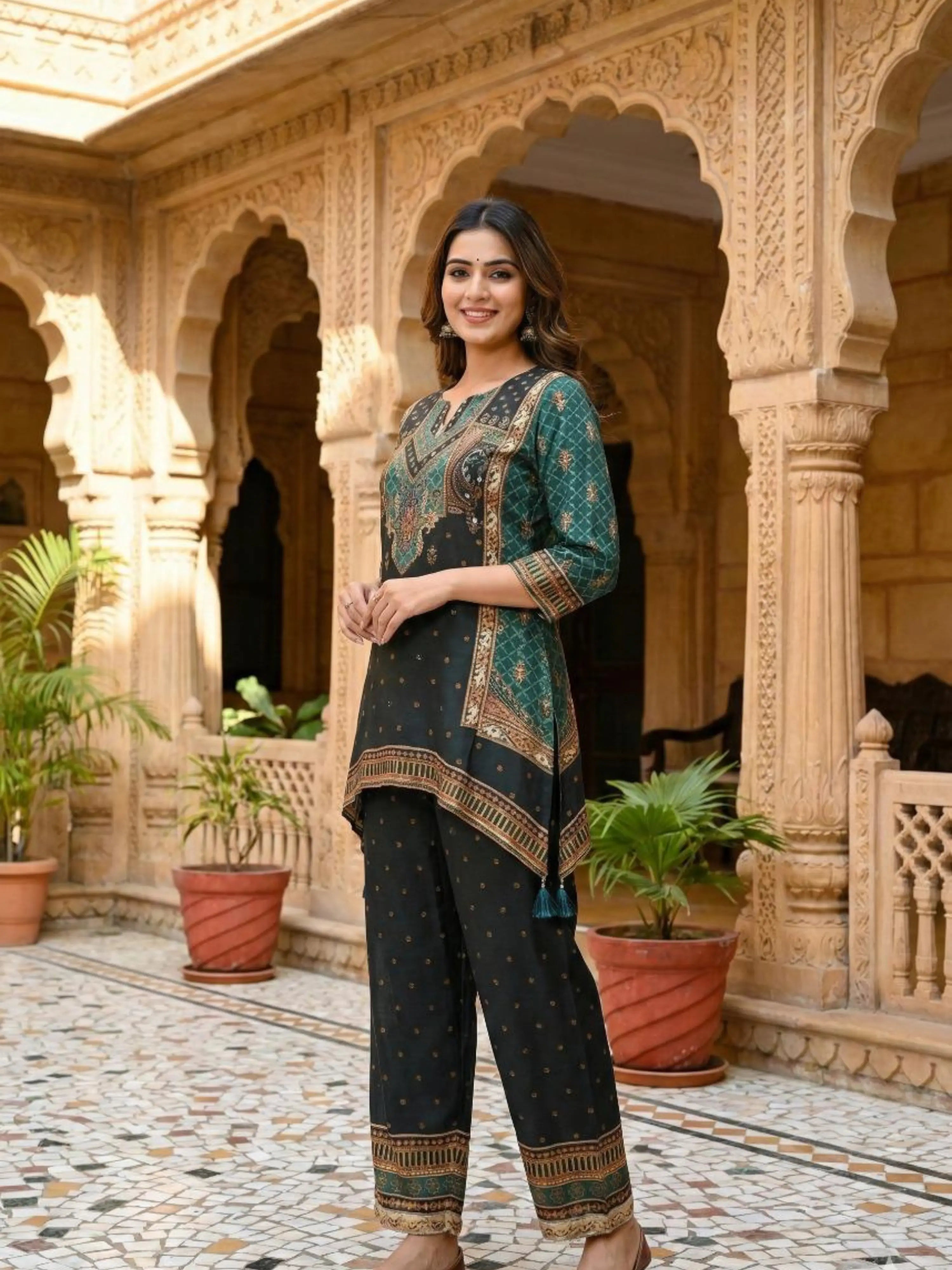 BOTTLE GREEN DIGITAL PRINT MIRROR WORK CO-ORD SET