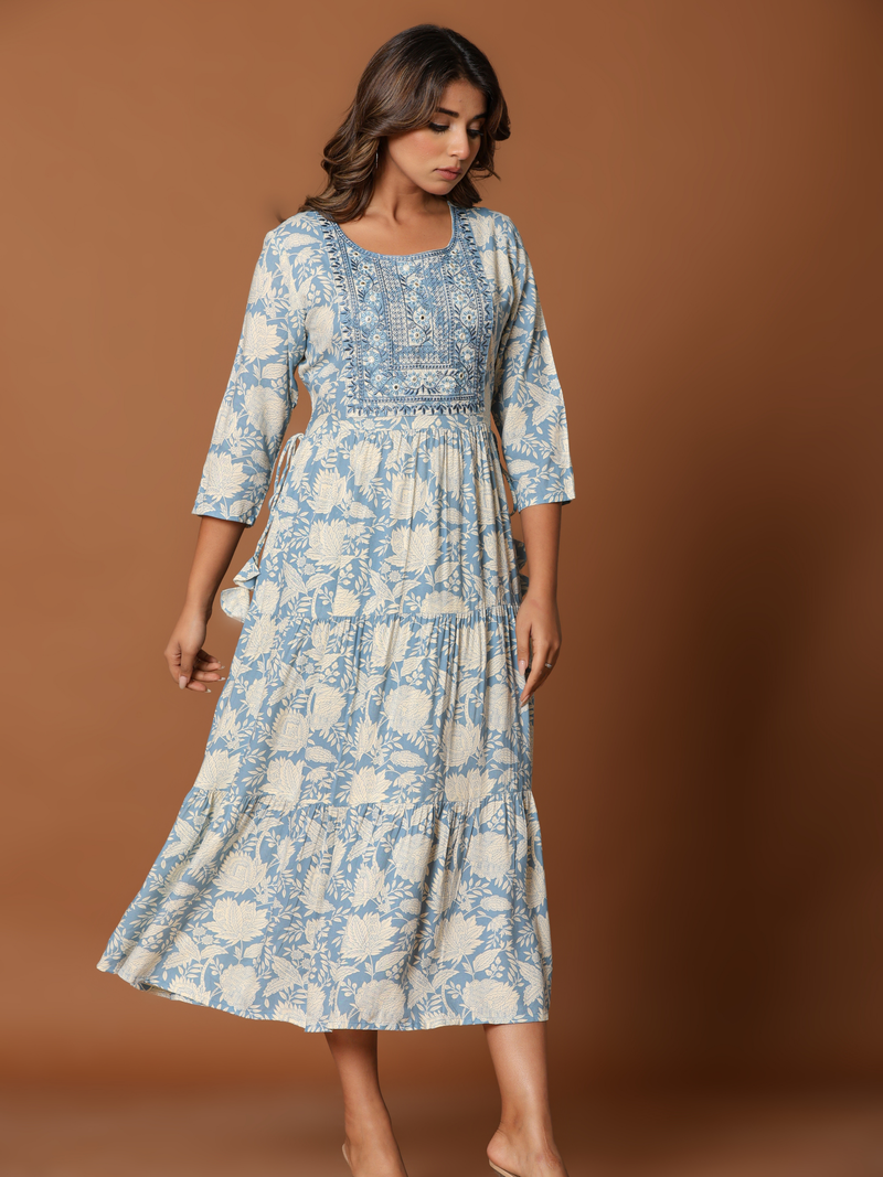 KAYA EMBROIDERED FLARED PURE COTTON  MAXI DRESS