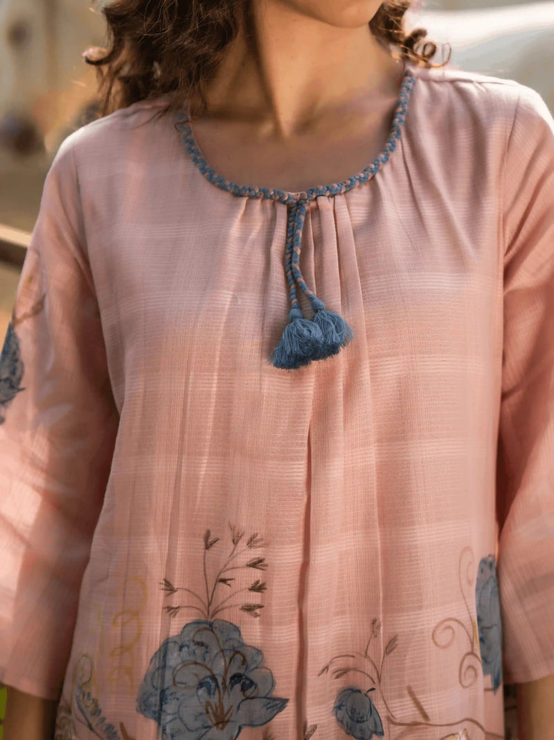 BLUSH PINK FLORAL EMBROIDERED  KURTA SET