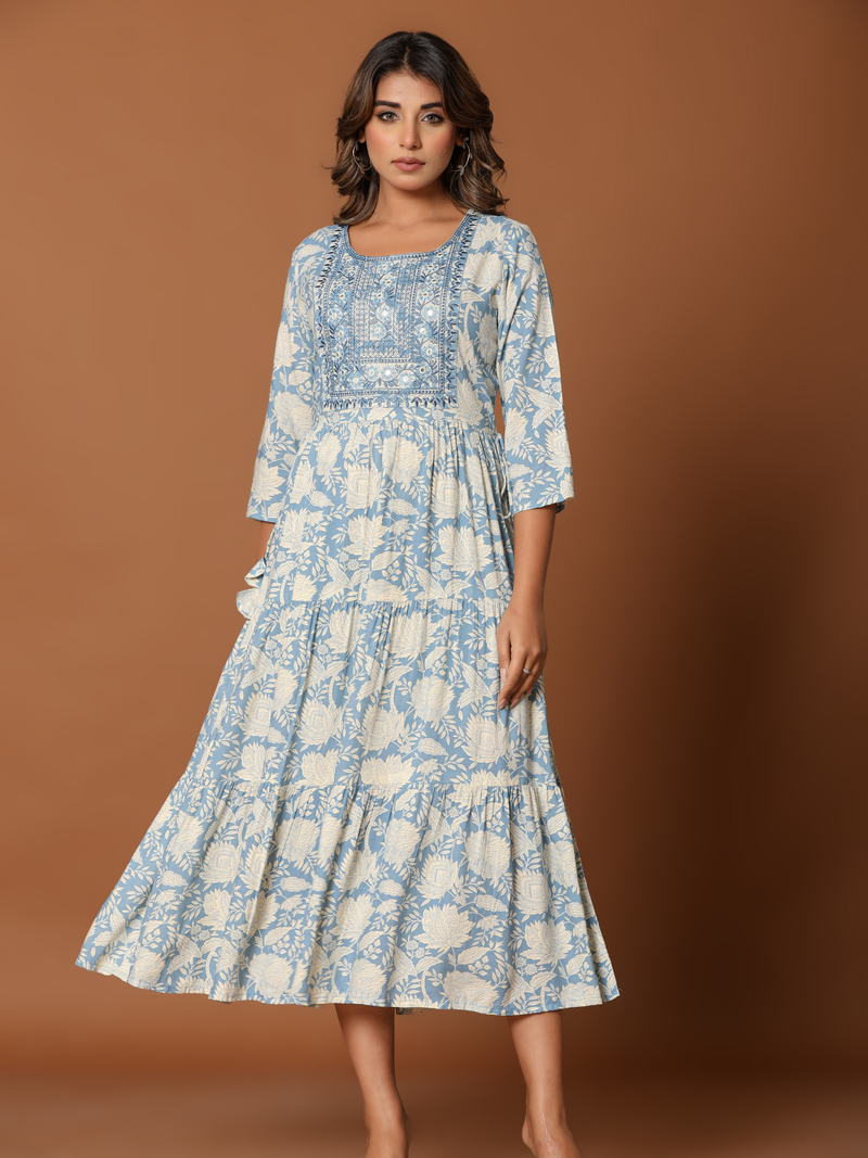 KAYA EMBROIDERED FLARED PURE COTTON  MAXI DRESS
