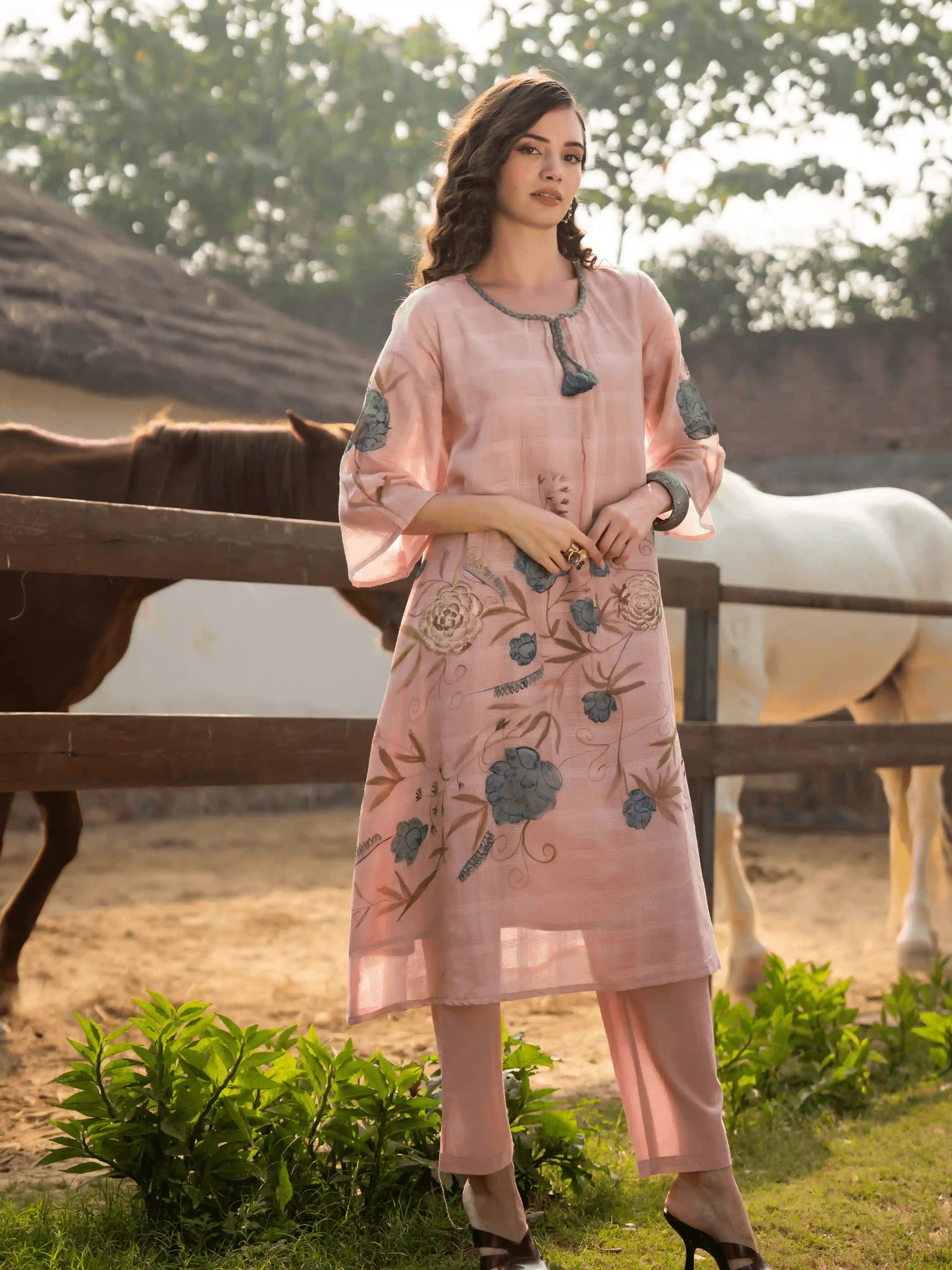 BLUSH PINK FLORAL EMBROIDERED  KURTA SET