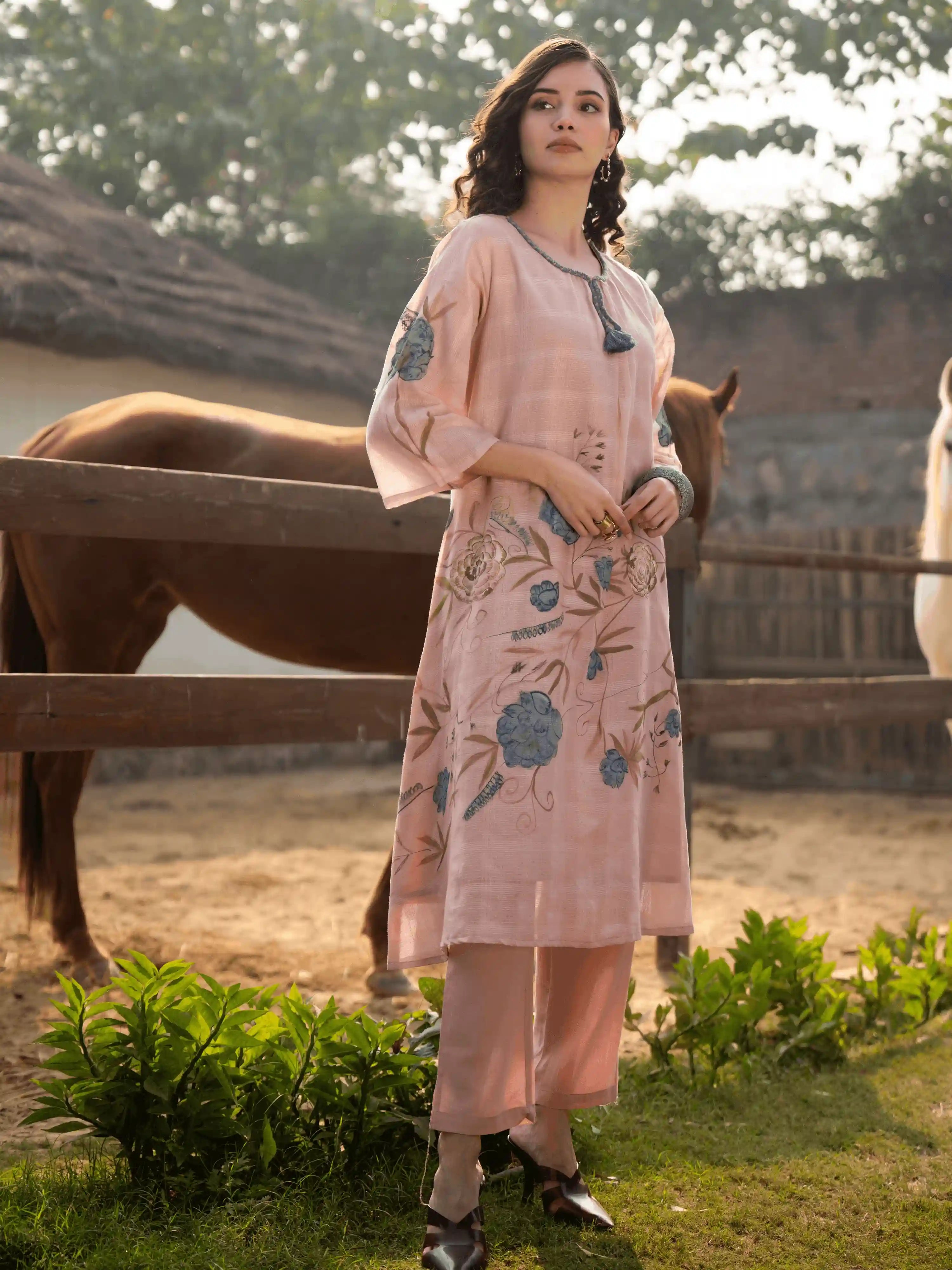 BLUSH PINK FLORAL EMBROIDERED  KURTA SET