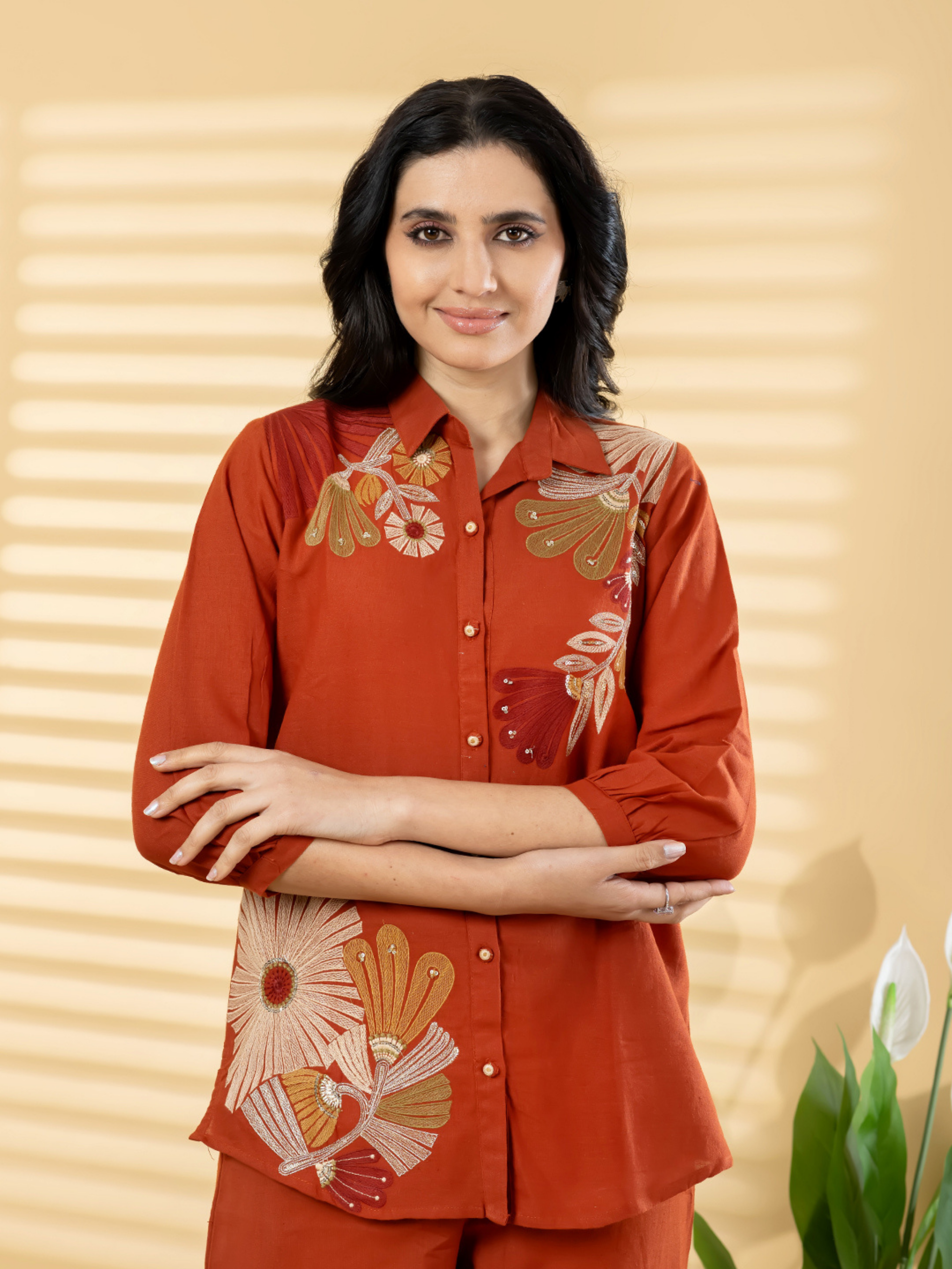 RUST ORANGE FLORAL EMBROIDERED CO-ORD SET