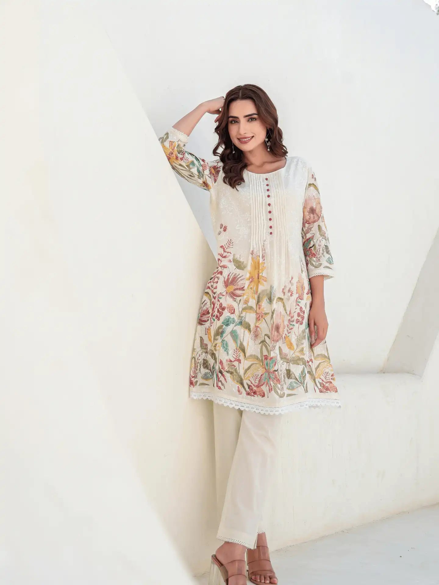 OFF WHITE FLORAL PRINTED A-LINE KURTA SET