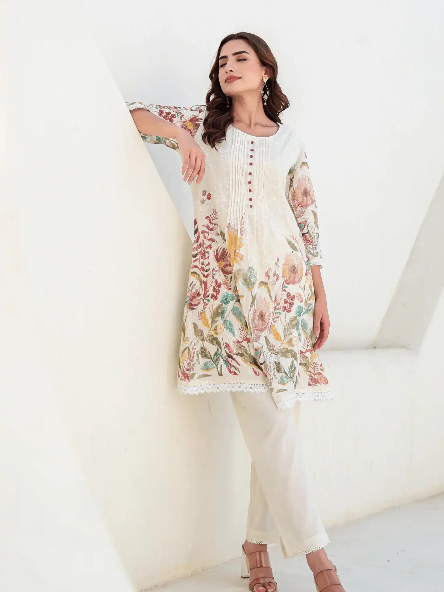OFF WHITE FLORAL PRINTED A-LINE KURTA SET