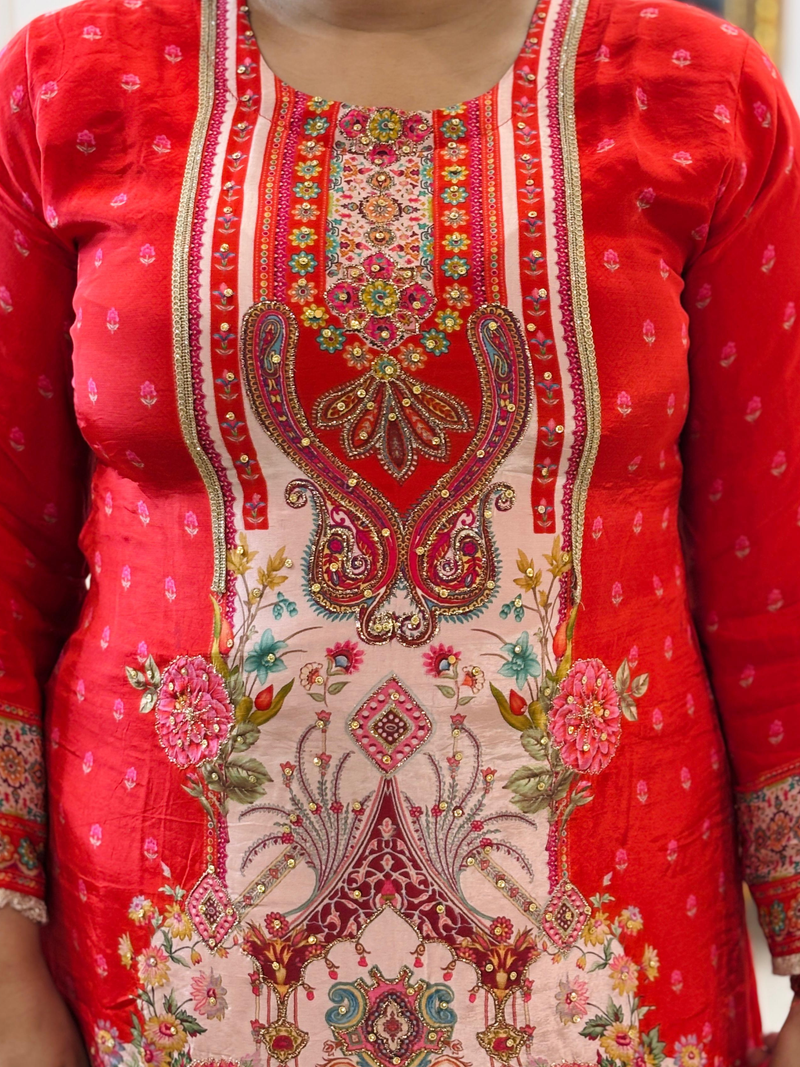 SANA A-LINE RED ZARI WORK PURE CREPE SUIT SET
