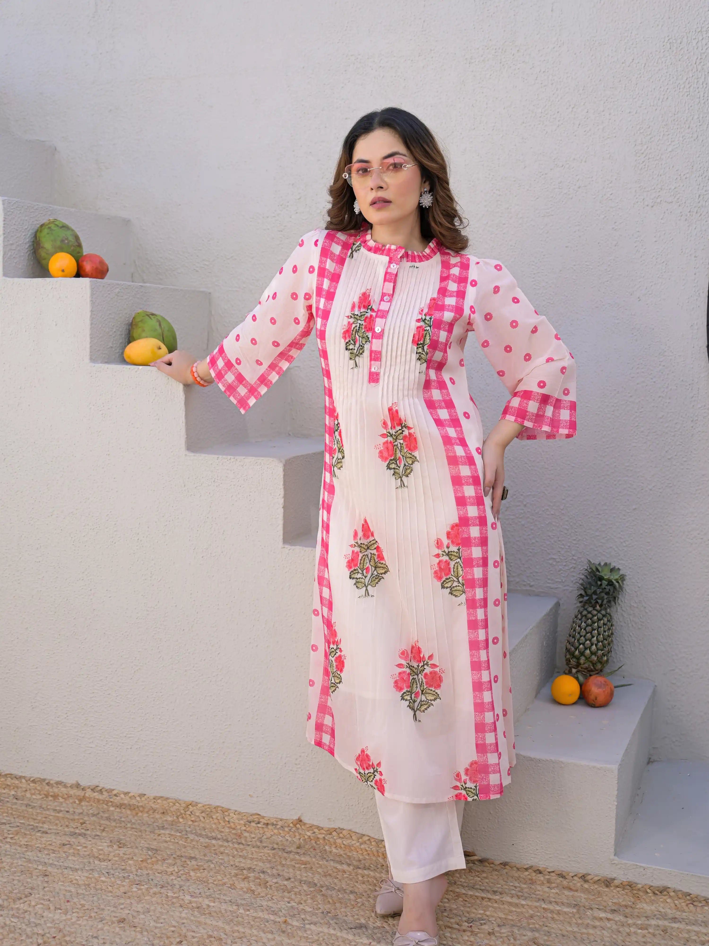 SOFT BLUSH FLORAL A-LINE PURE MUL COTTON KURTA SET