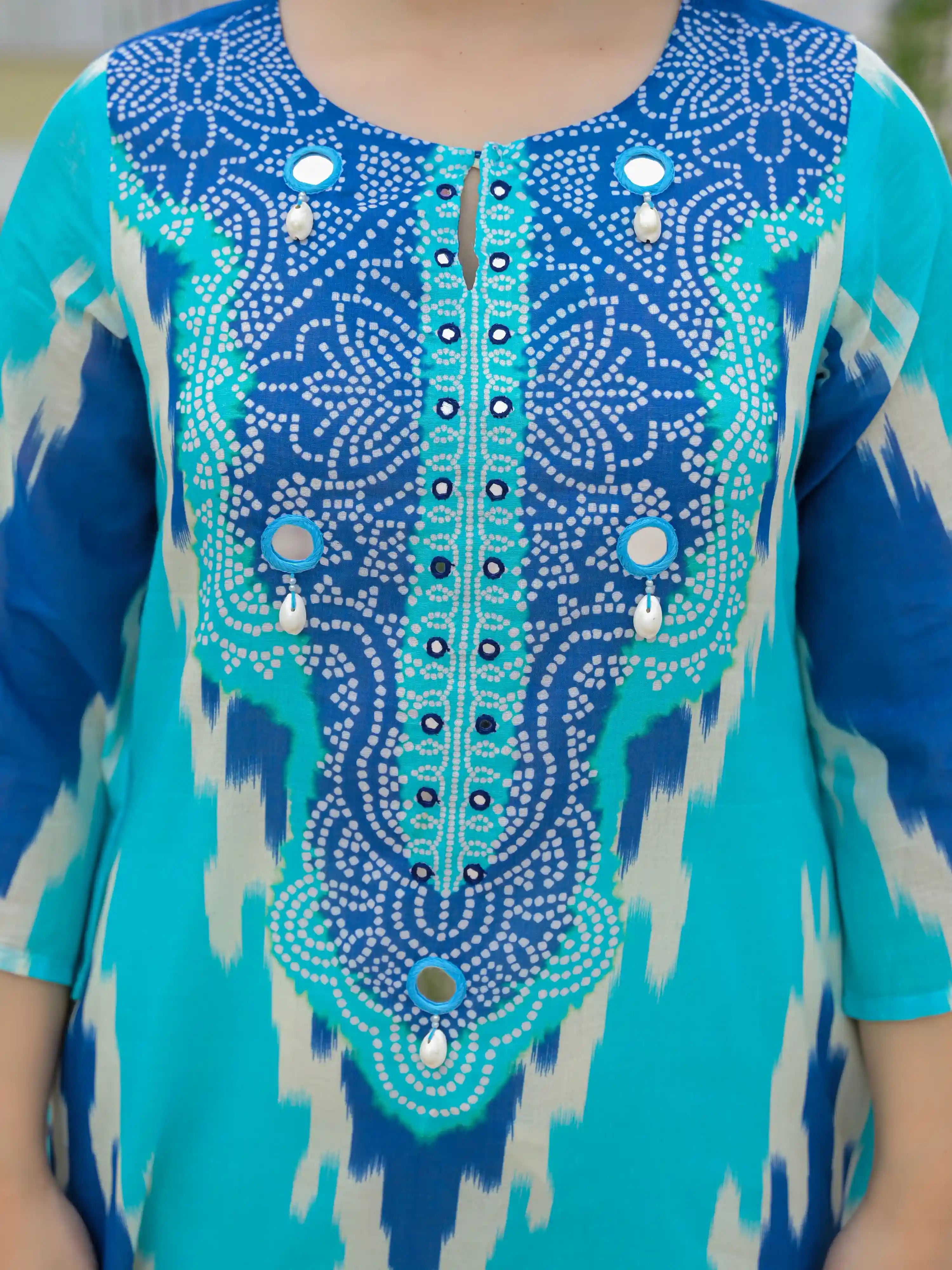 BLUE & TURQUOISE BANDHANI PRINT PURE COTTON KURTA SET