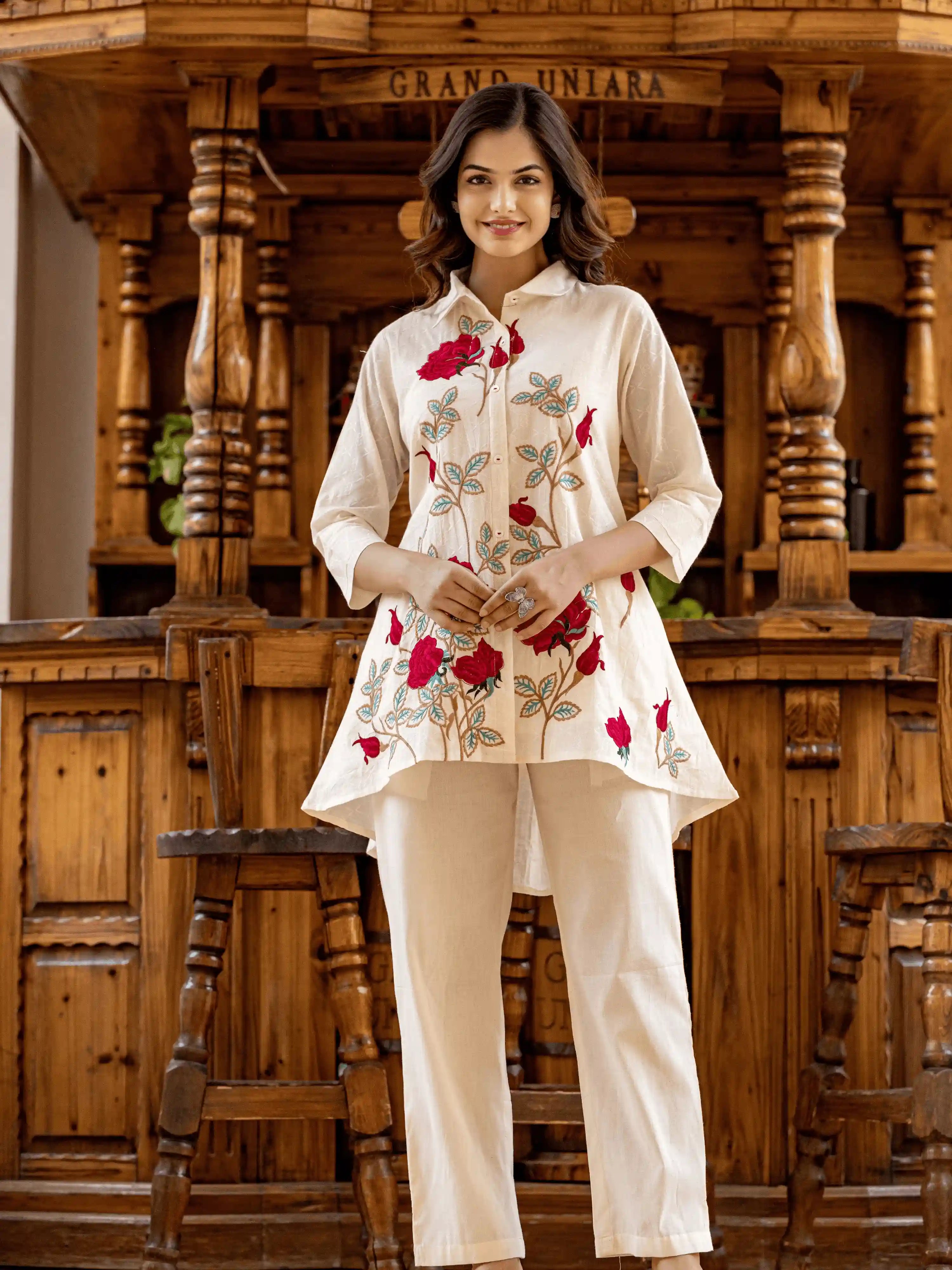 IVORY FLORAL EMBROIDERED HIGH-LOW CO-ORD SET
