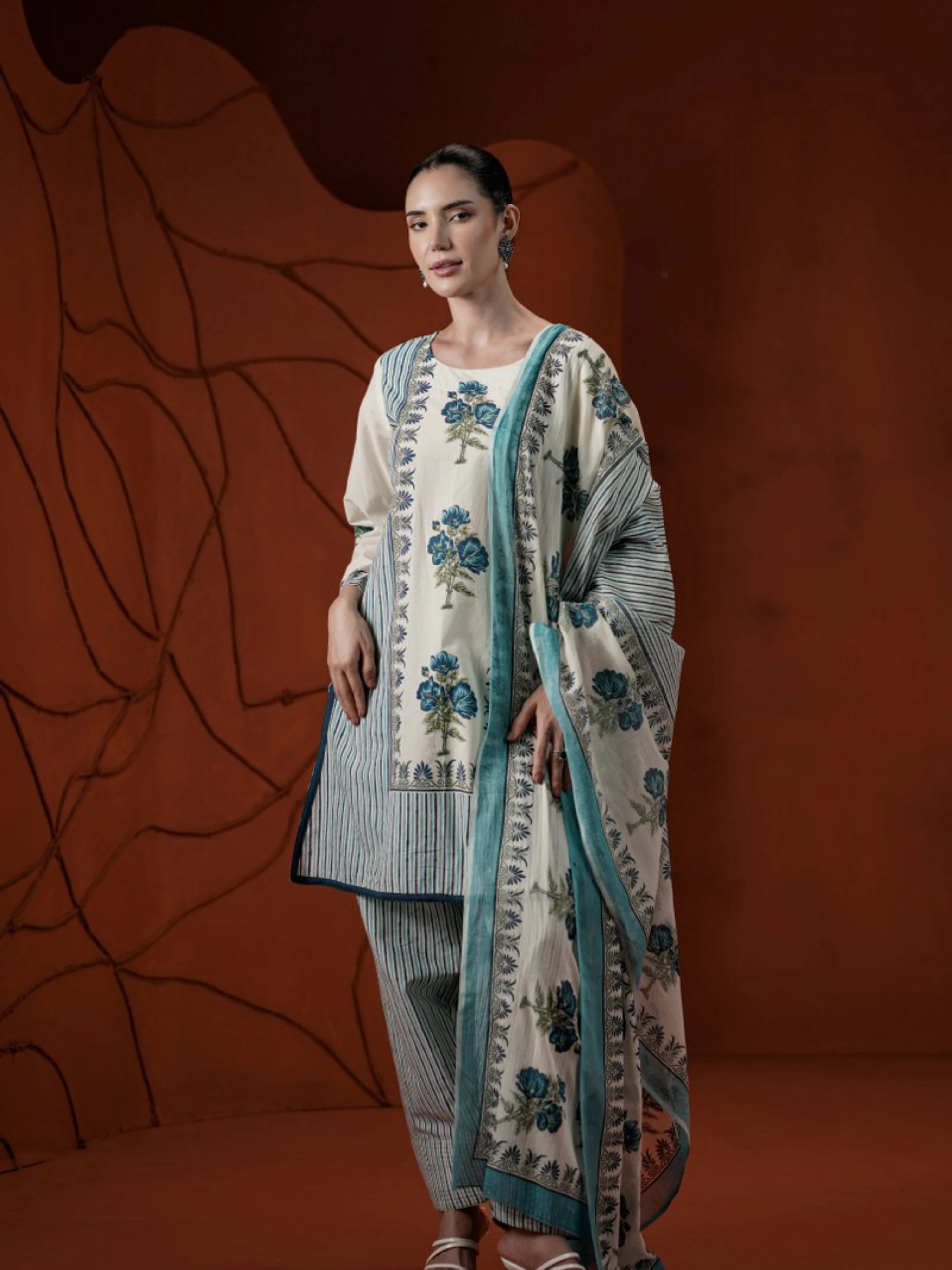 SKY BLUE FLORAL BORDER PRINT PURE COTTON SUIT SET