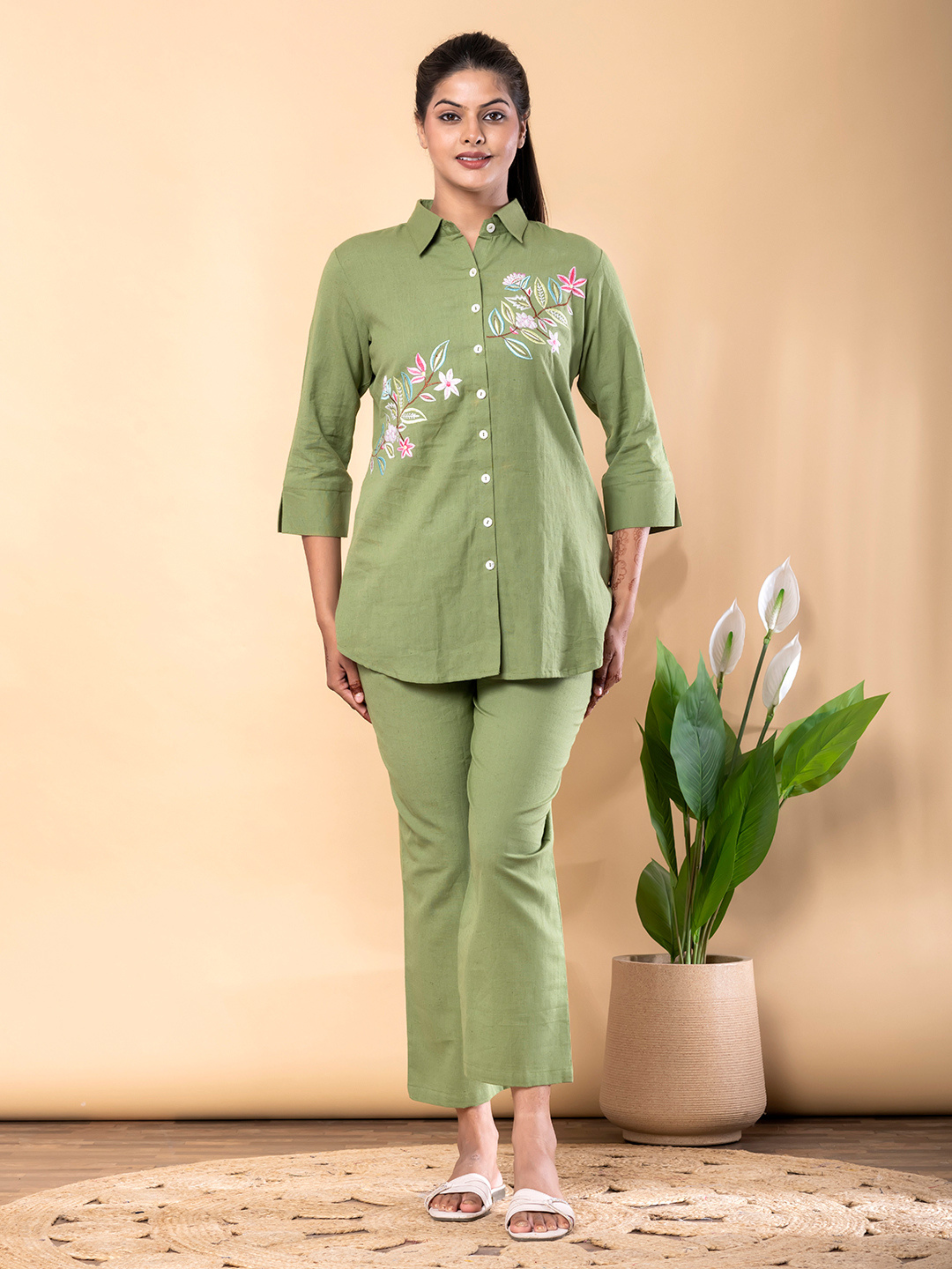 OLIVE GREEN FLORAL EMBROIDERED CO-ORD  SET