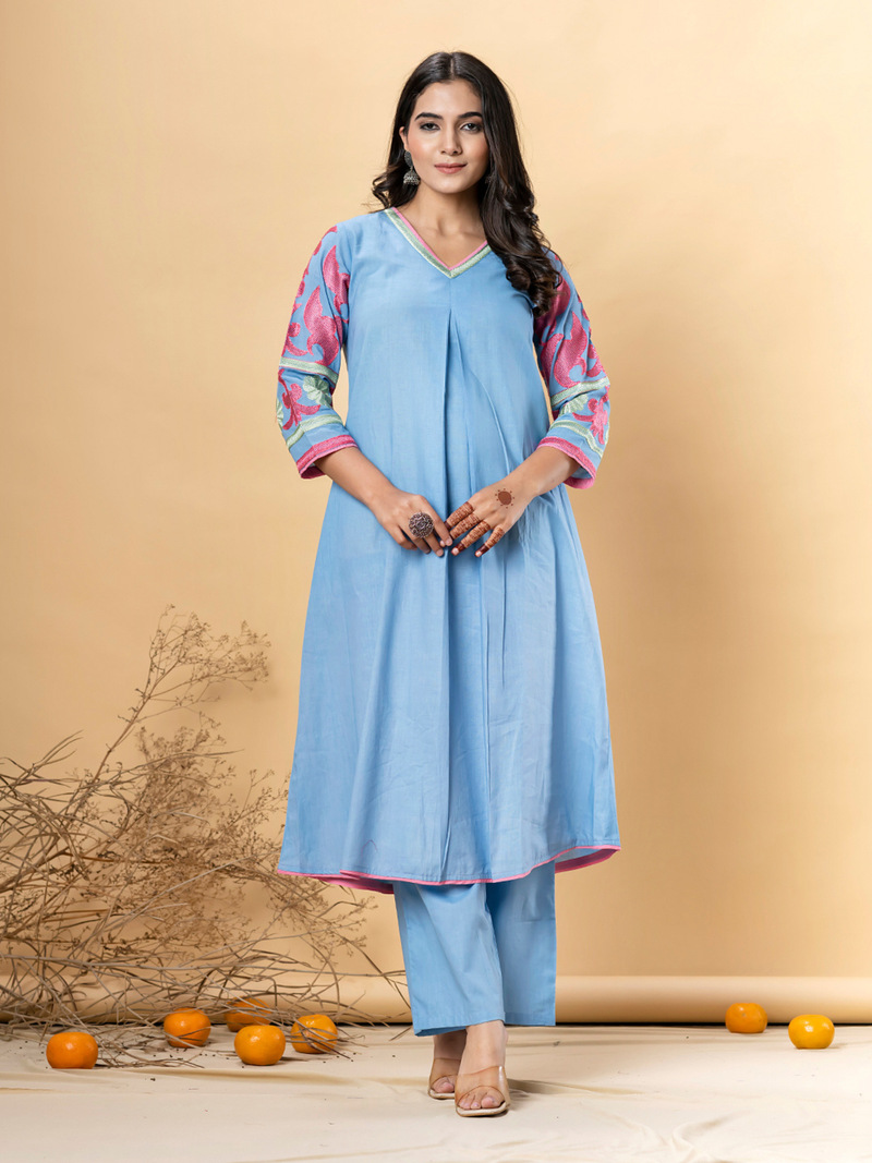 SKY BLUE EMBROIDERED A-LINE KURTA SET