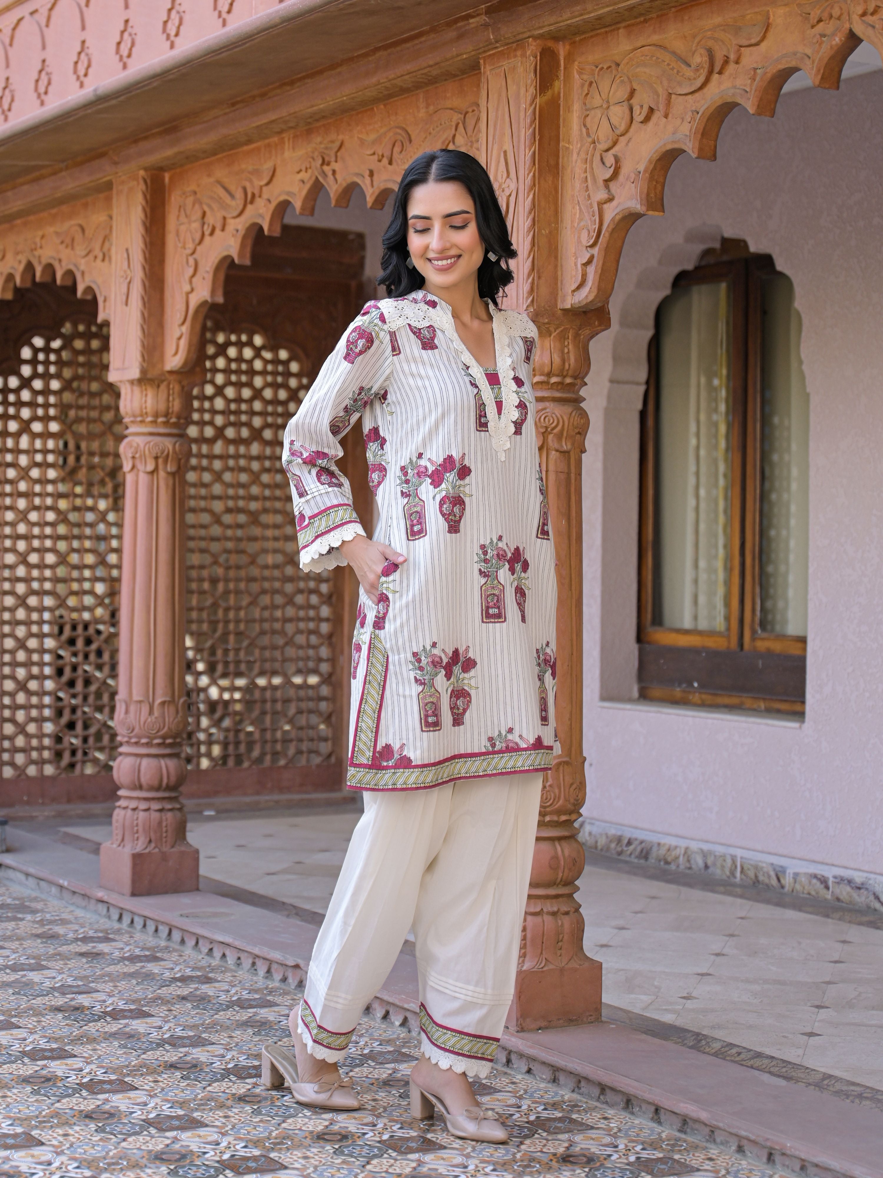 ROSE IVORY HERITAGE LACE WORK PURE COTTON FARSHI SUIT