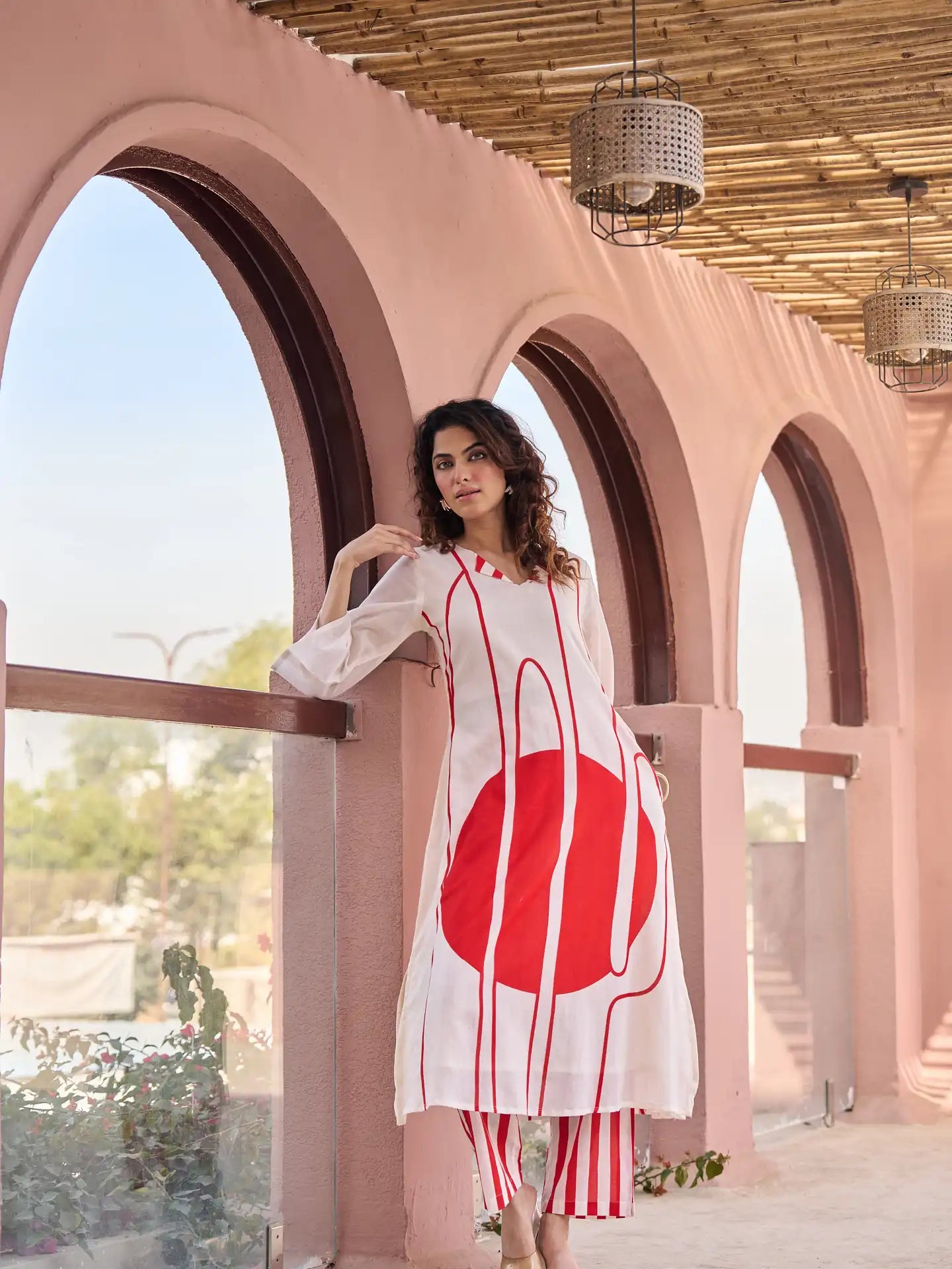 OFF WHITE & RED ABSTRACT PRINTED KURTA SET