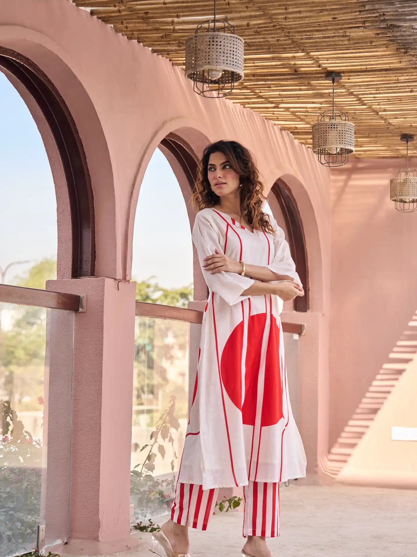 OFF WHITE & RED ABSTRACT PRINTED KURTA SET