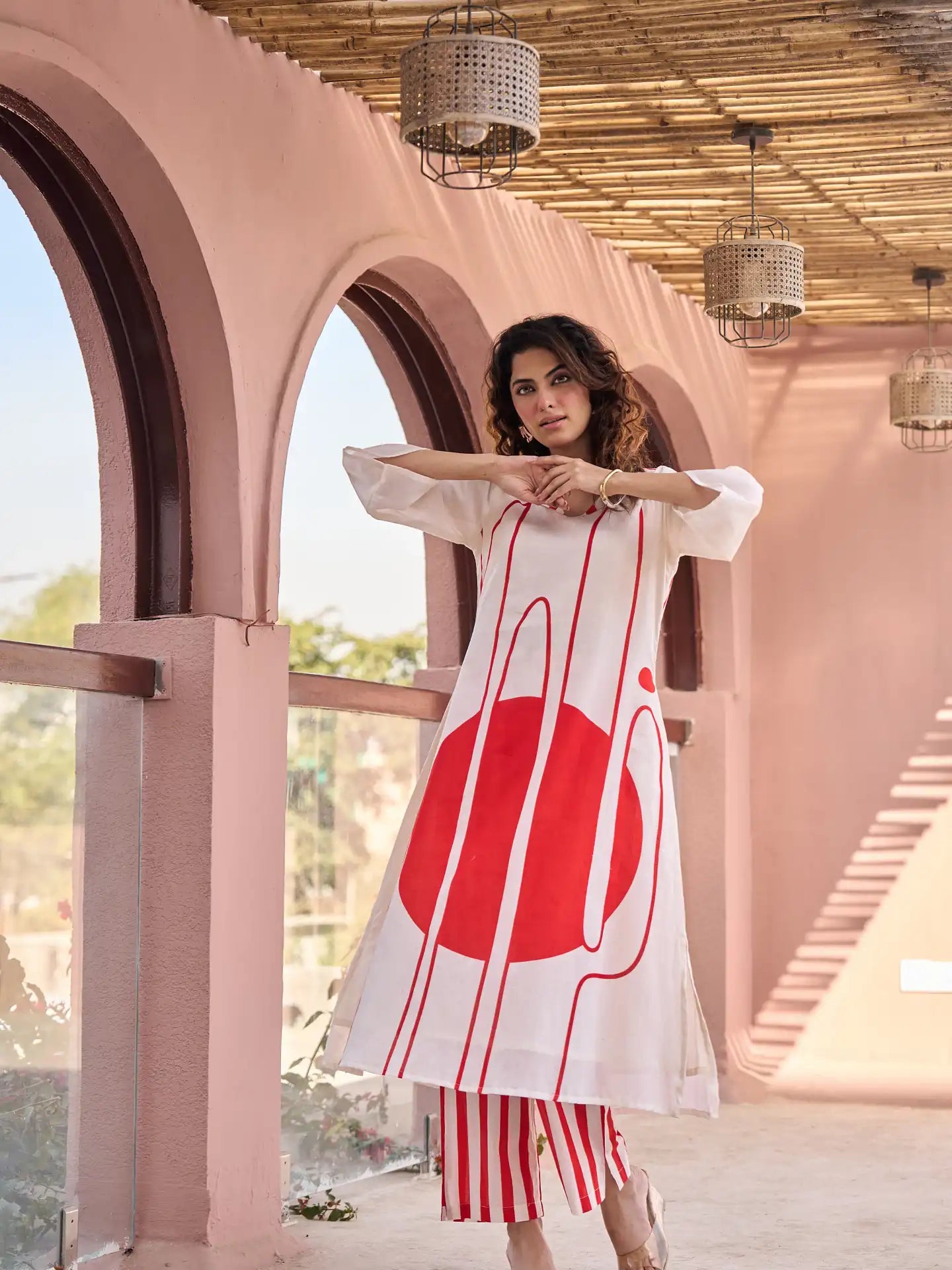 OFF WHITE & RED ABSTRACT PRINTED KURTA SET