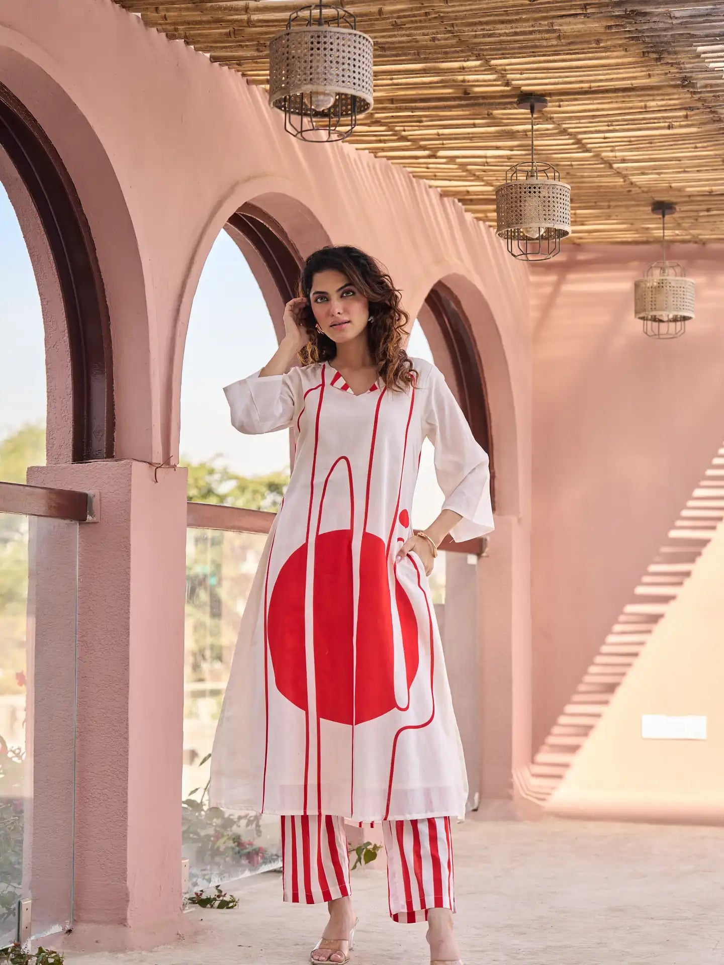 OFF WHITE & RED ABSTRACT PRINTED KURTA SET