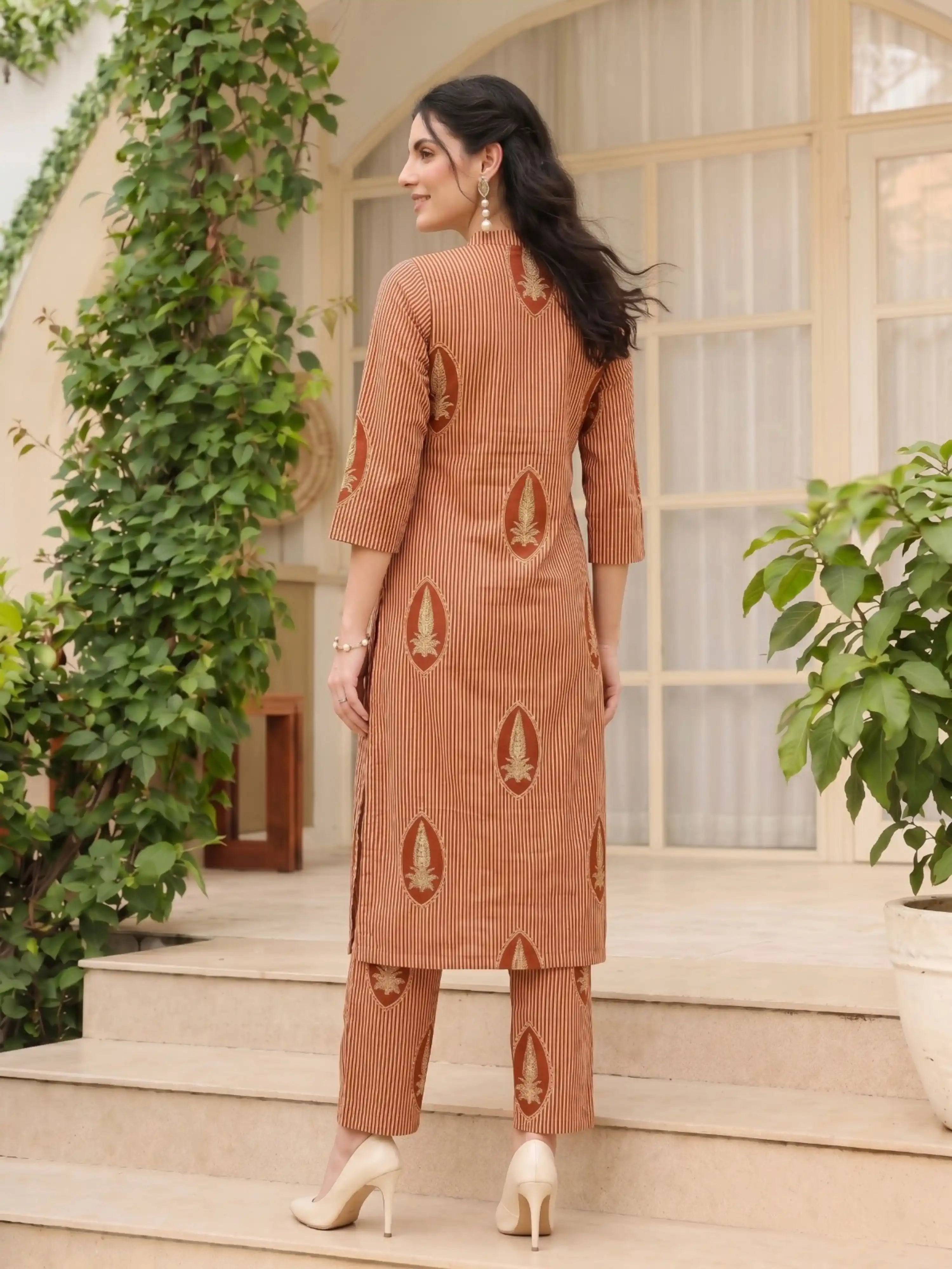 SANDALWOOD STRIPE PURE COTTON KURTA  SET