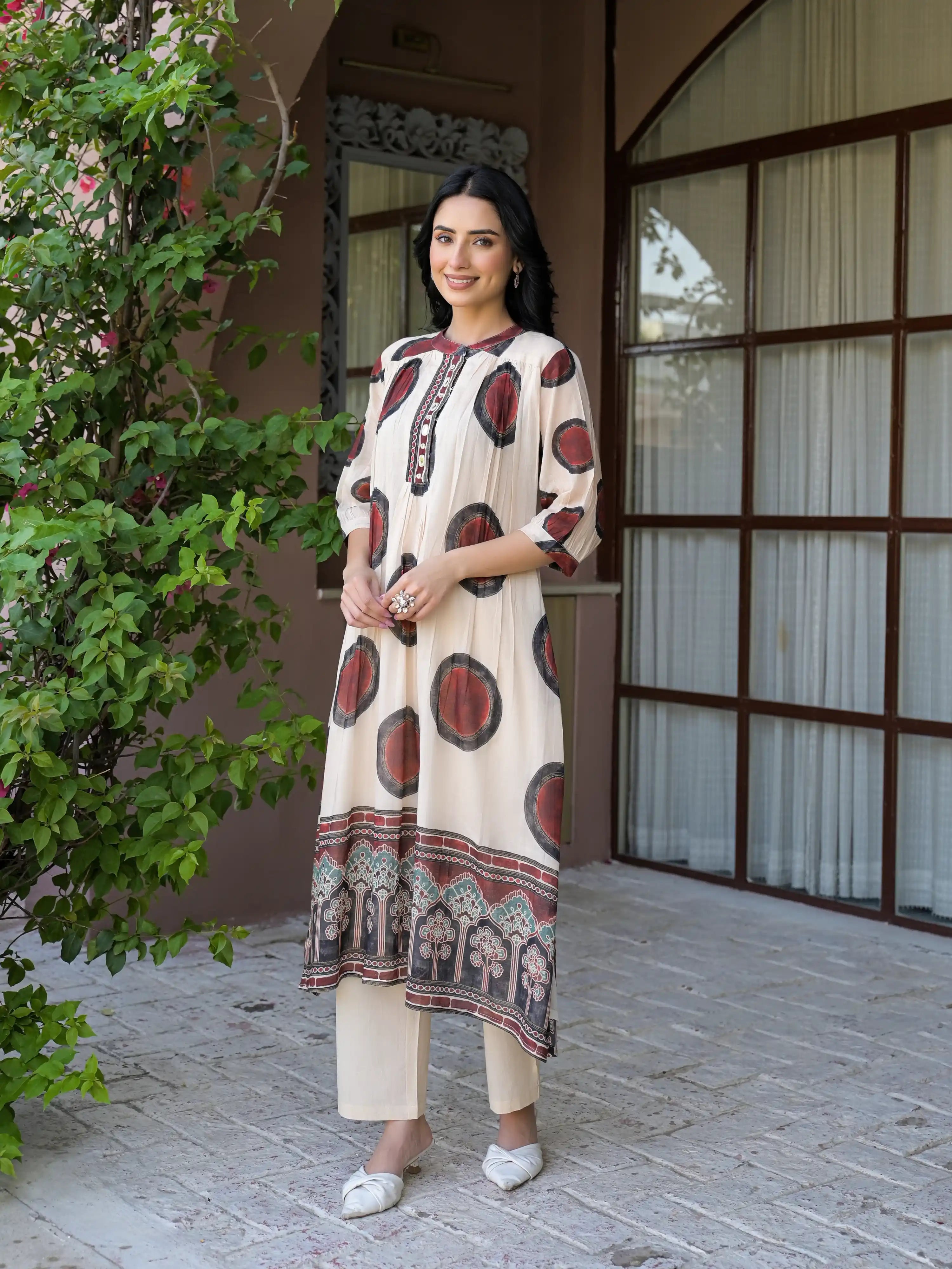 DESERT ART PRINTED FLARED PURE MUL COTTON  KURTA SET