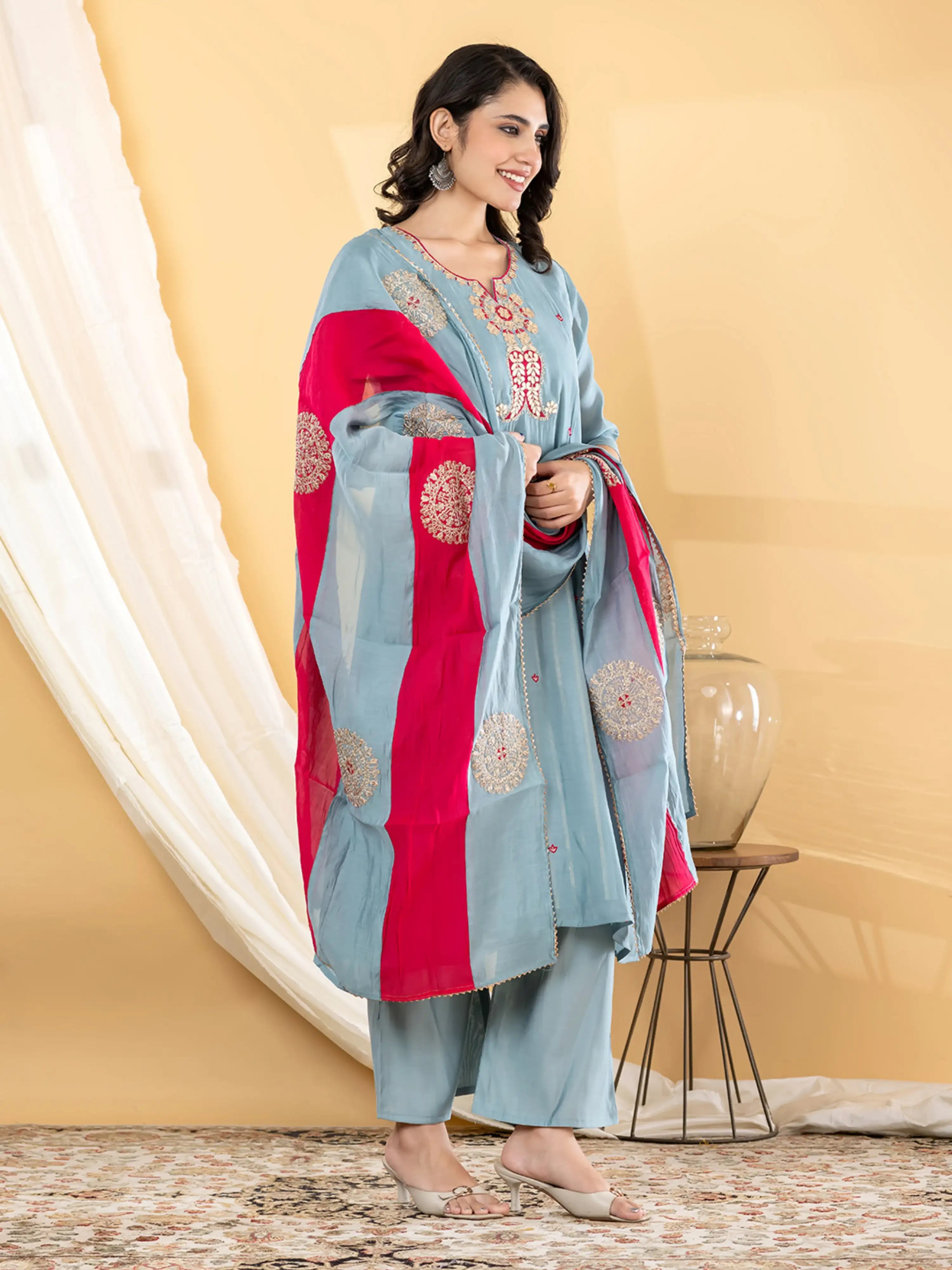 SKY BLOOM EMBROIDERED PURE BANARSI MUL CHANDERI SUIT SET