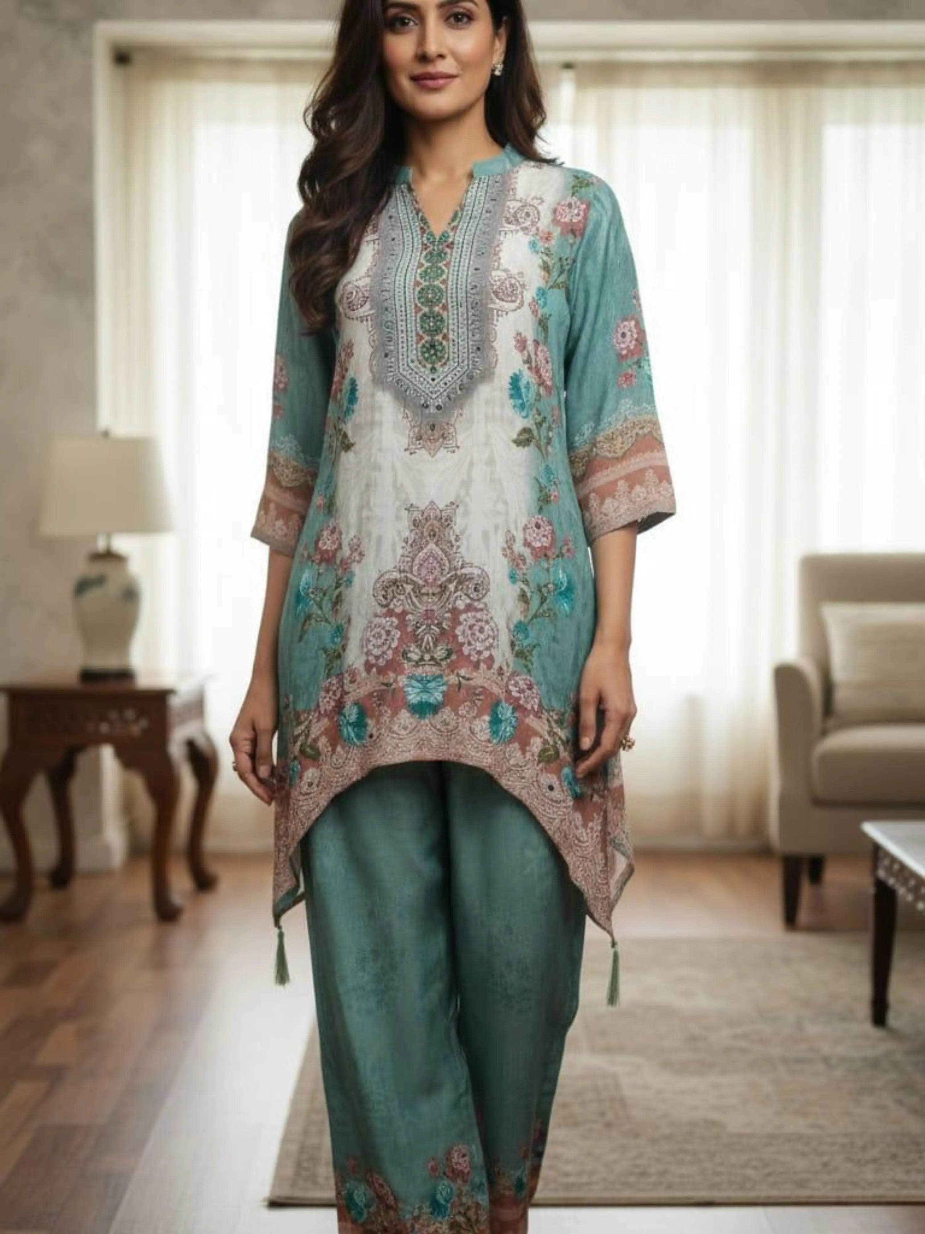 SEA GREEN DIGITAL PRINT MIRROR WORK CO-ORD SET