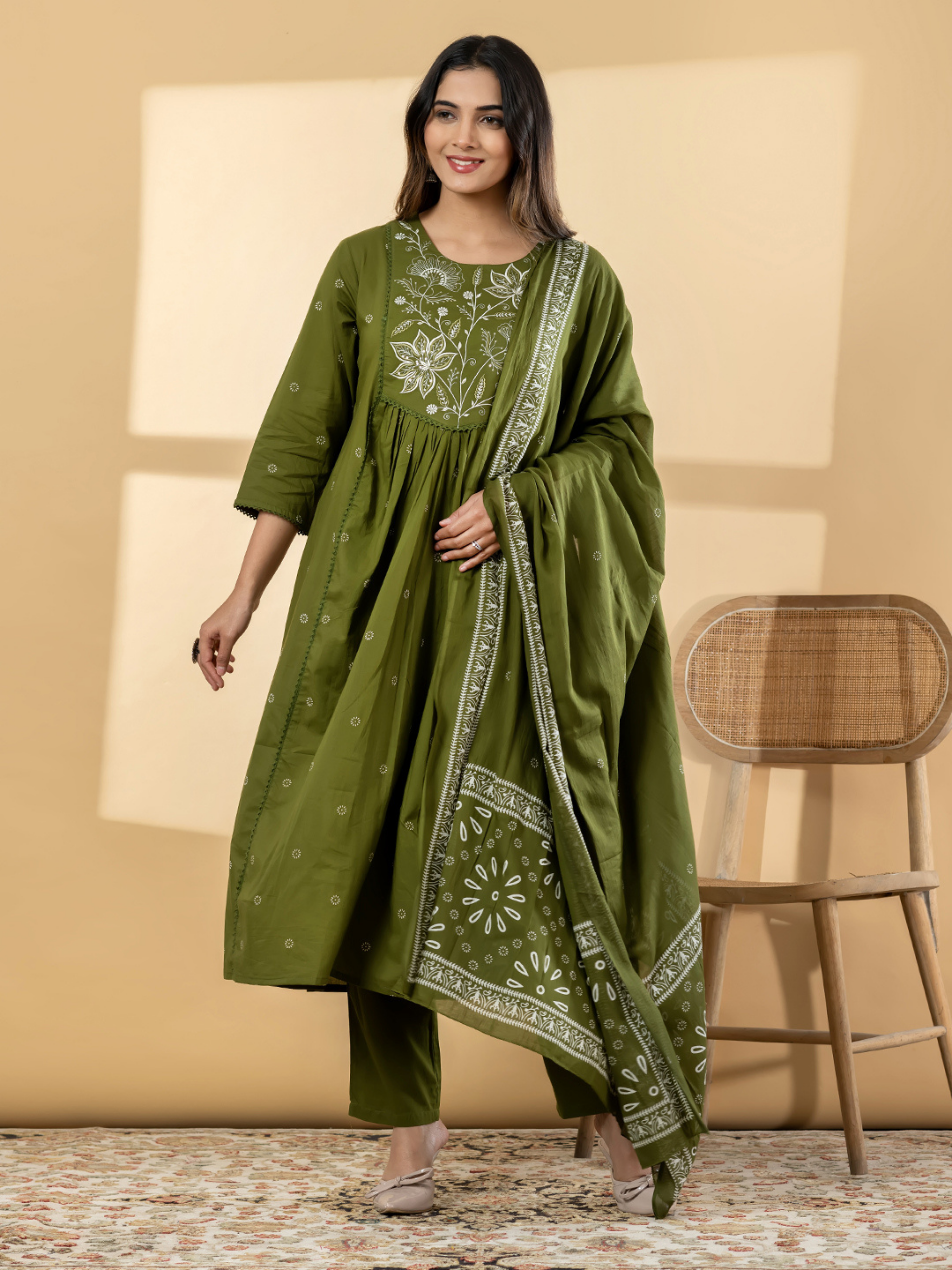 OLIVE GREEN EMBROIDERED ANARKALI SUIT SET