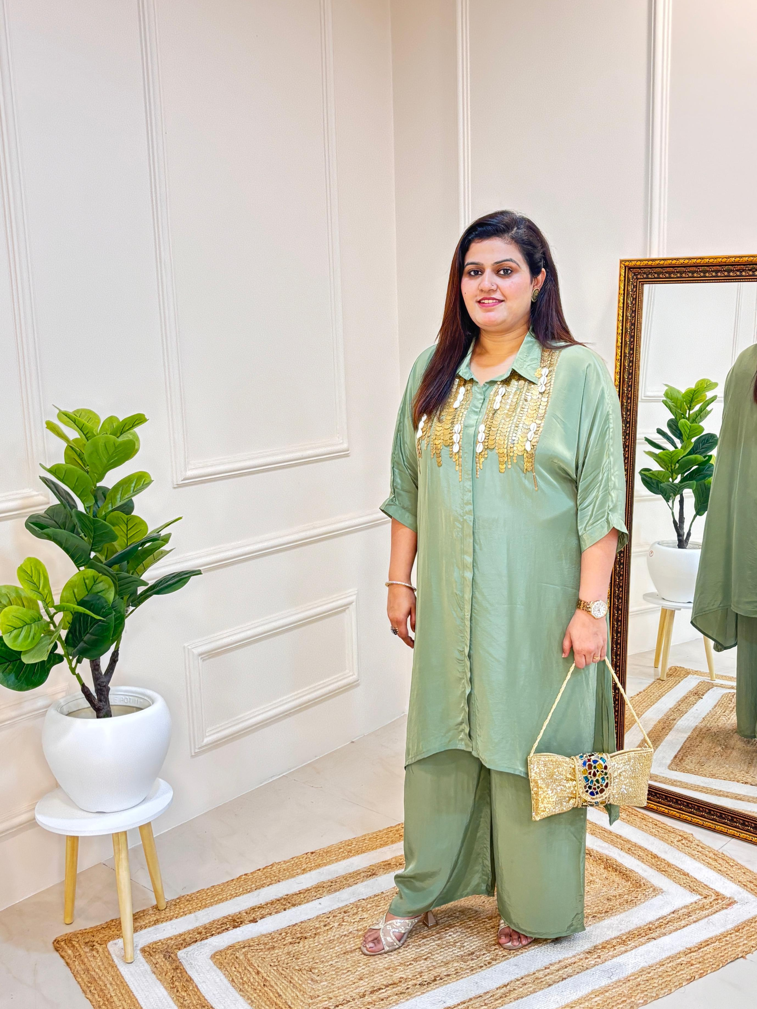 SAGE GREEN EMBELLISHED FLOWY CO-ORD SET