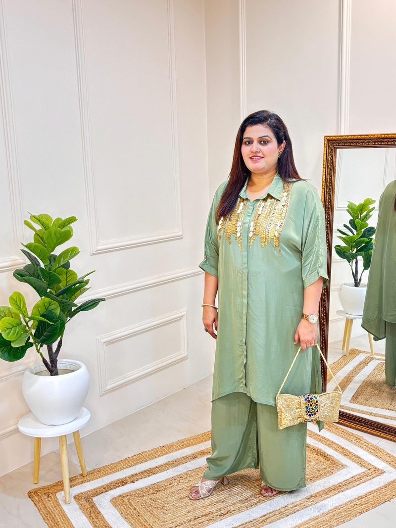 SAGE GREEN EMBELLISHED FLOWY CO-ORD SET