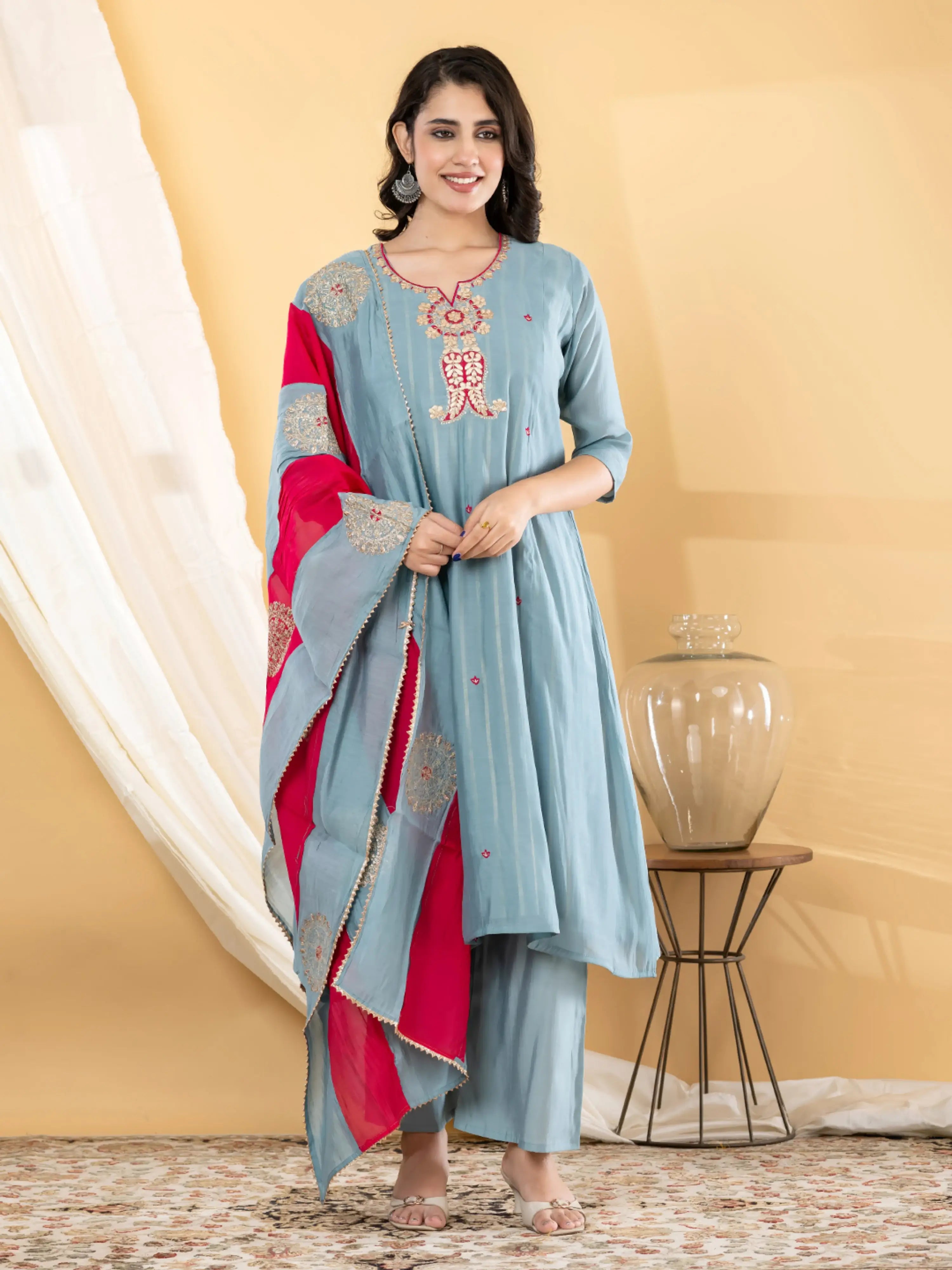SKY BLOOM EMBROIDERED PURE BANARSI MUL CHANDERI SUIT SET