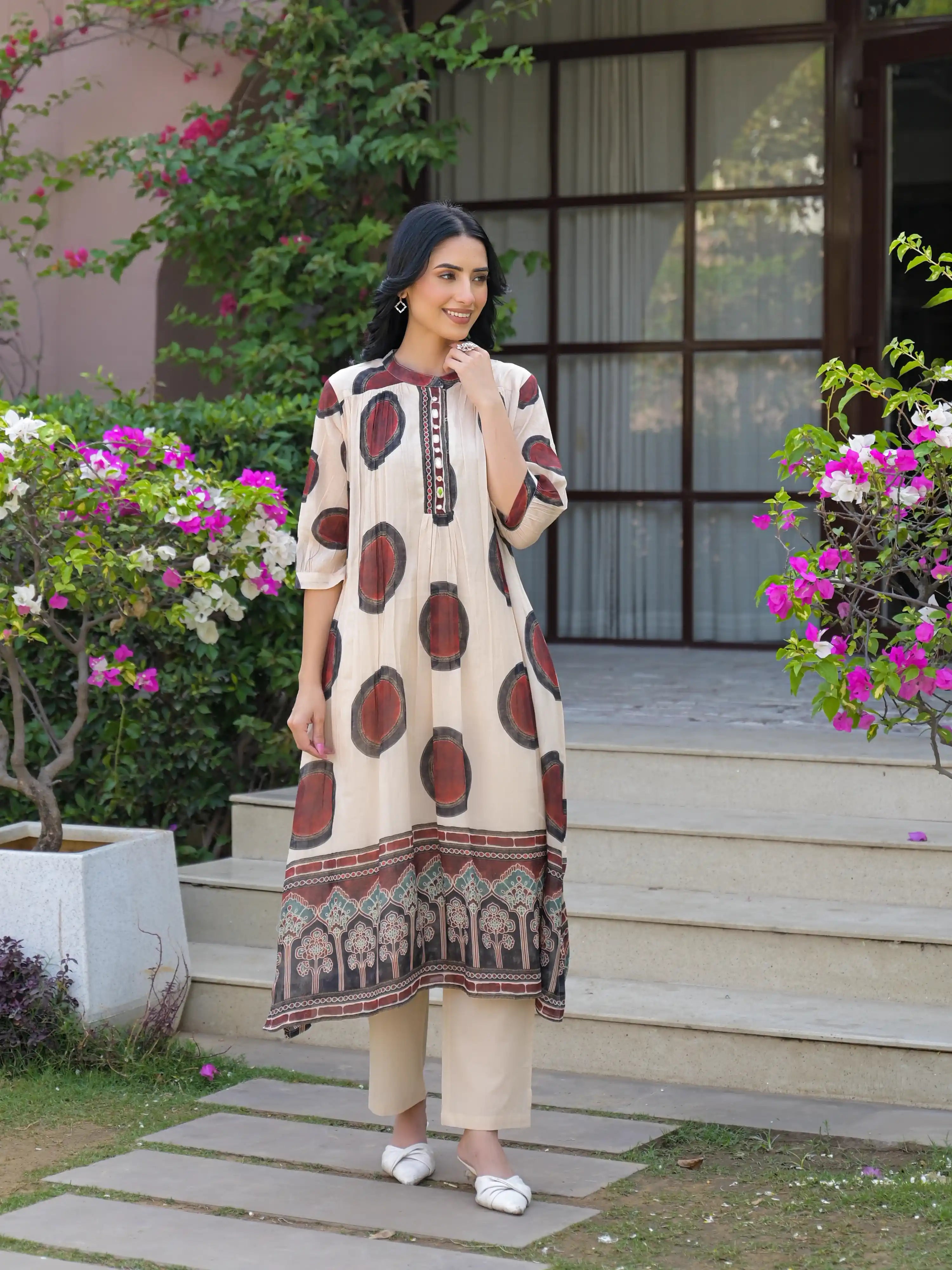 DESERT ART PRINTED FLARED PURE MUL COTTON  KURTA SET
