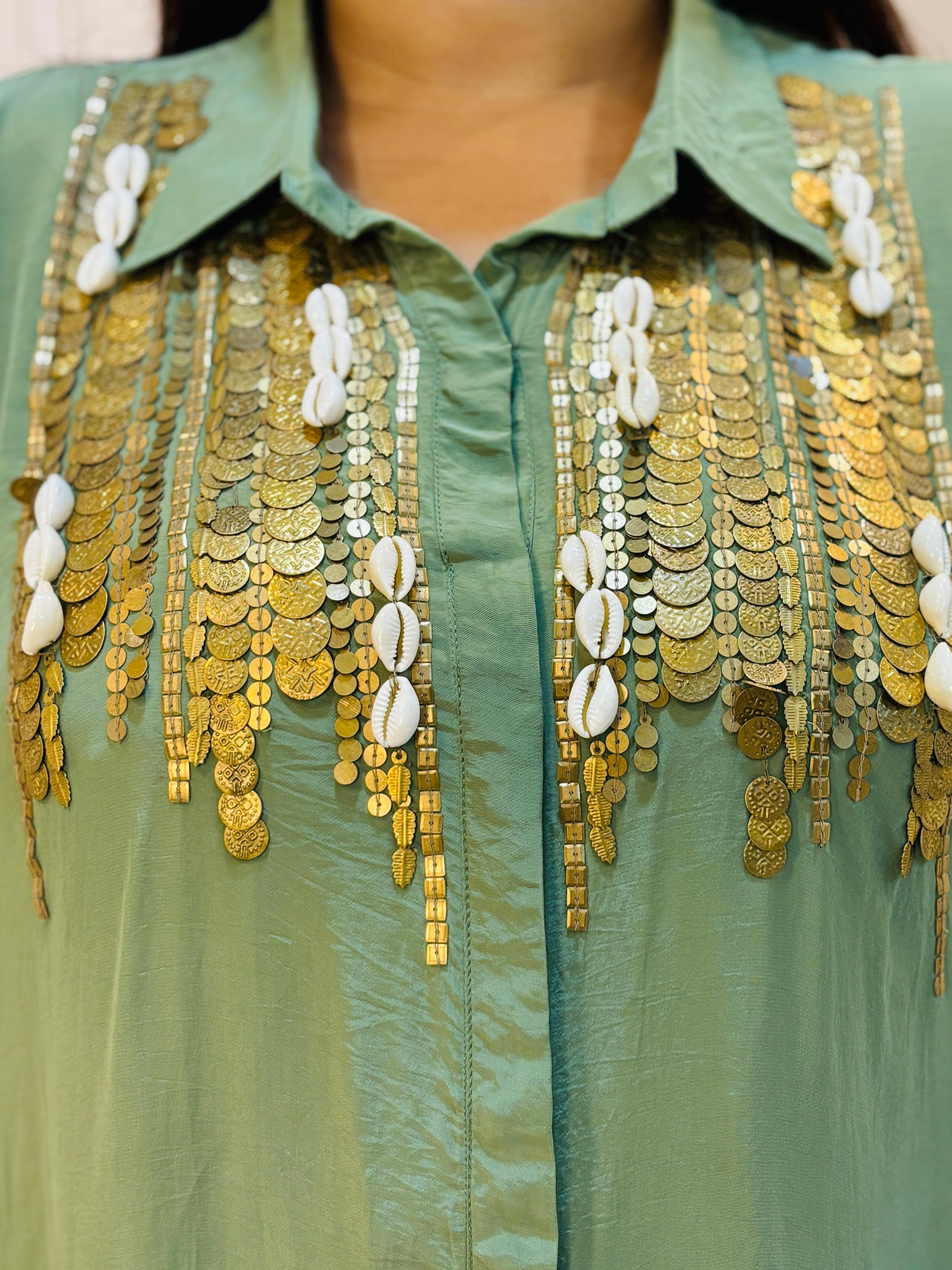 SAGE GREEN EMBELLISHED FLOWY CO-ORD SET