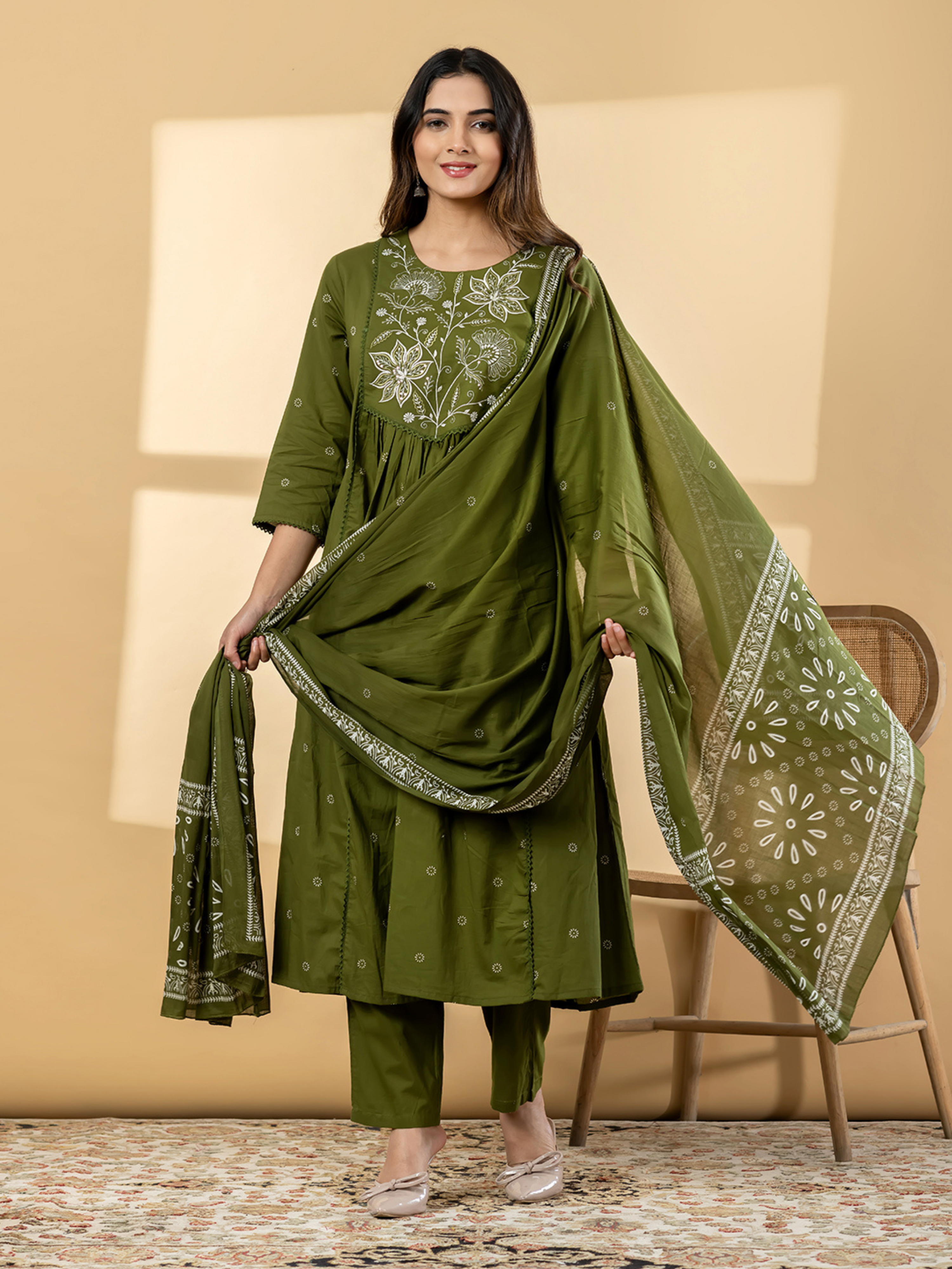 OLIVE GREEN EMBROIDERED ANARKALI SUIT SET