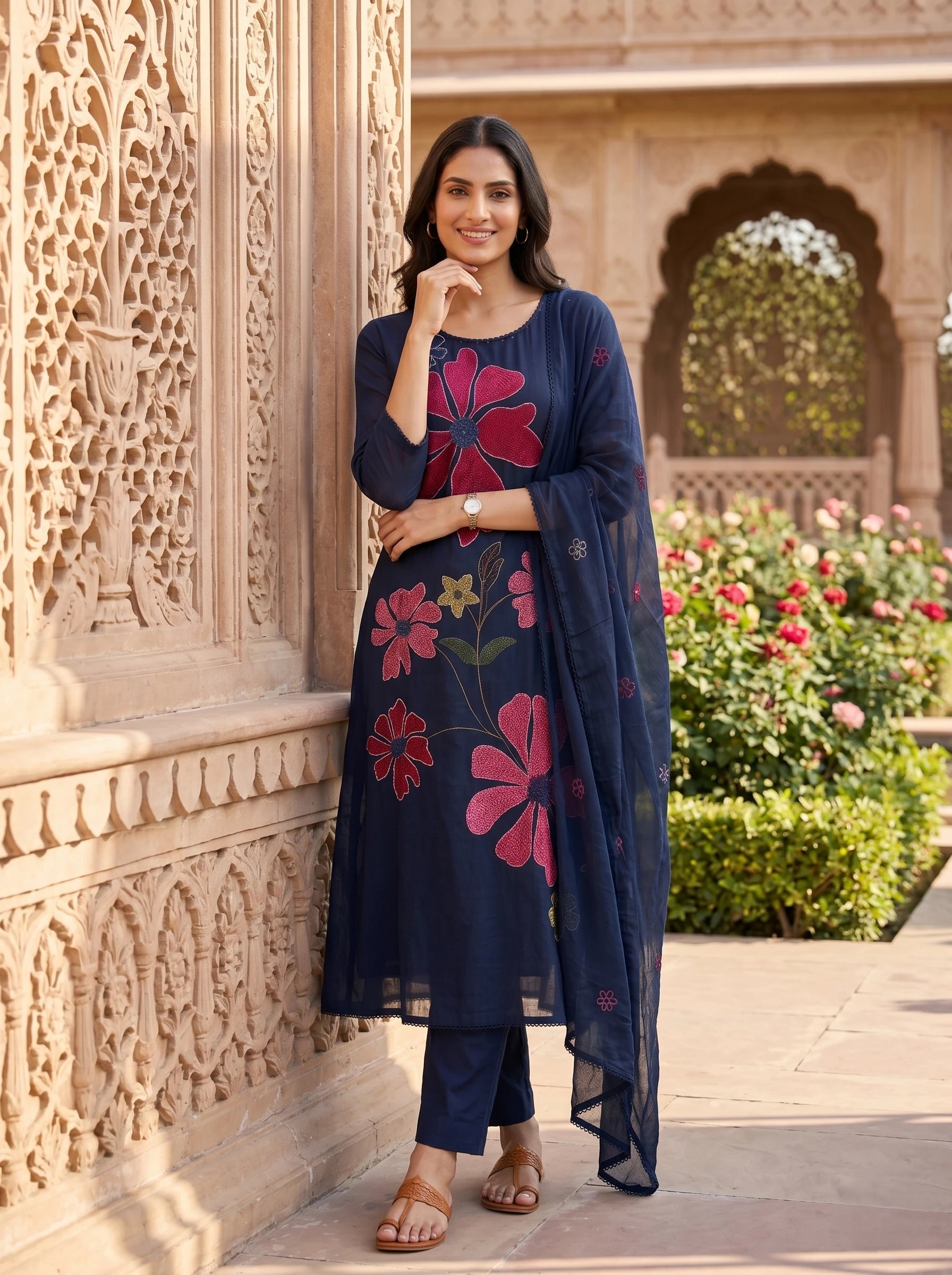 NAVY  BLOSSOM THREADWORK MUL COTTON SUIT SET