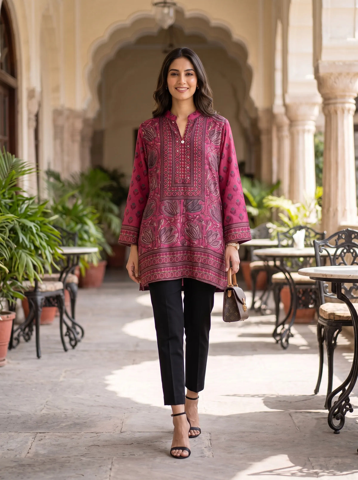 MAGENTA PRINTED COIN BUTTON PURE MUSLIN SHIRT TOP