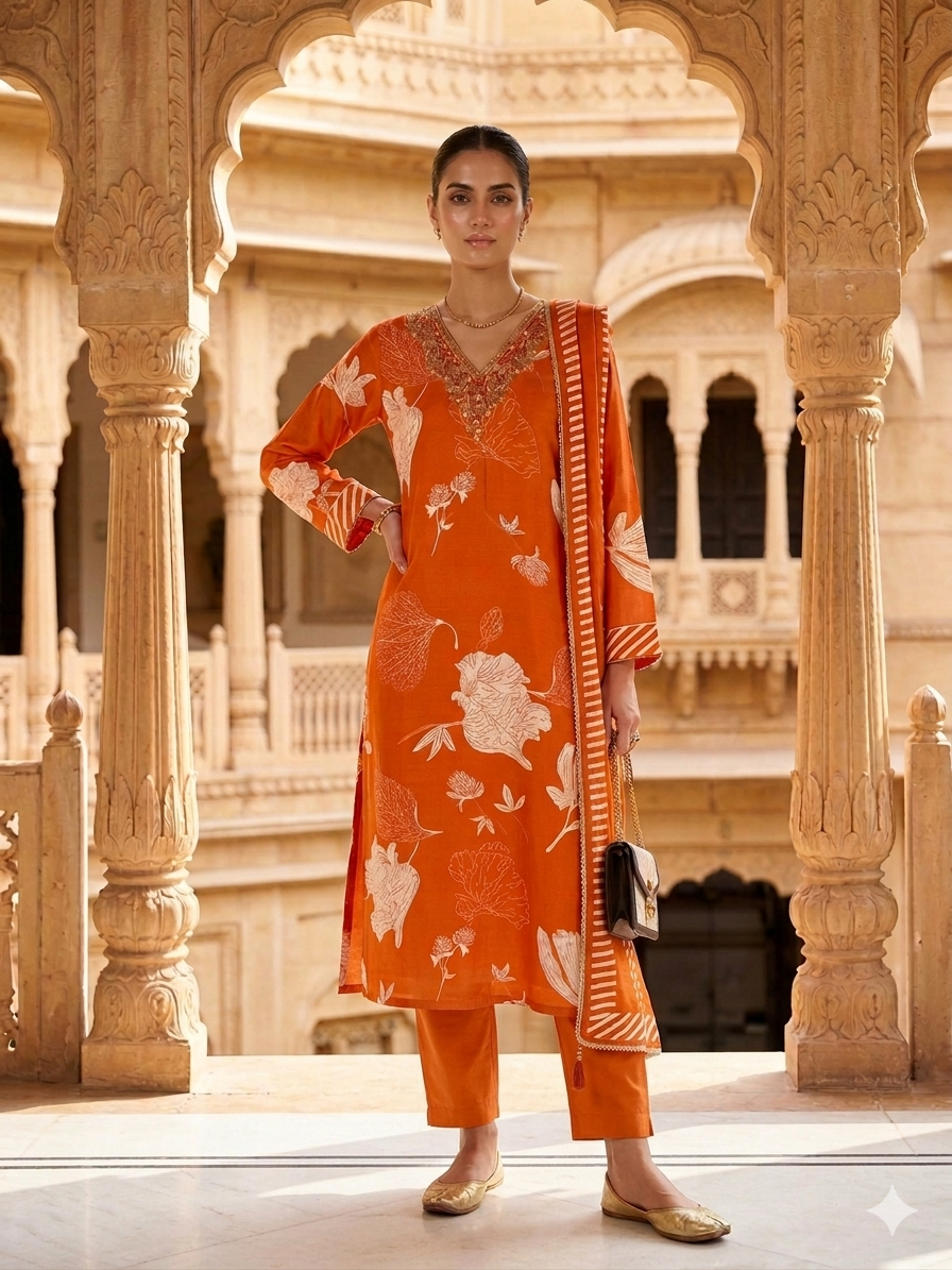 MIRNAL ORANGE HANDWORK SUIT SET