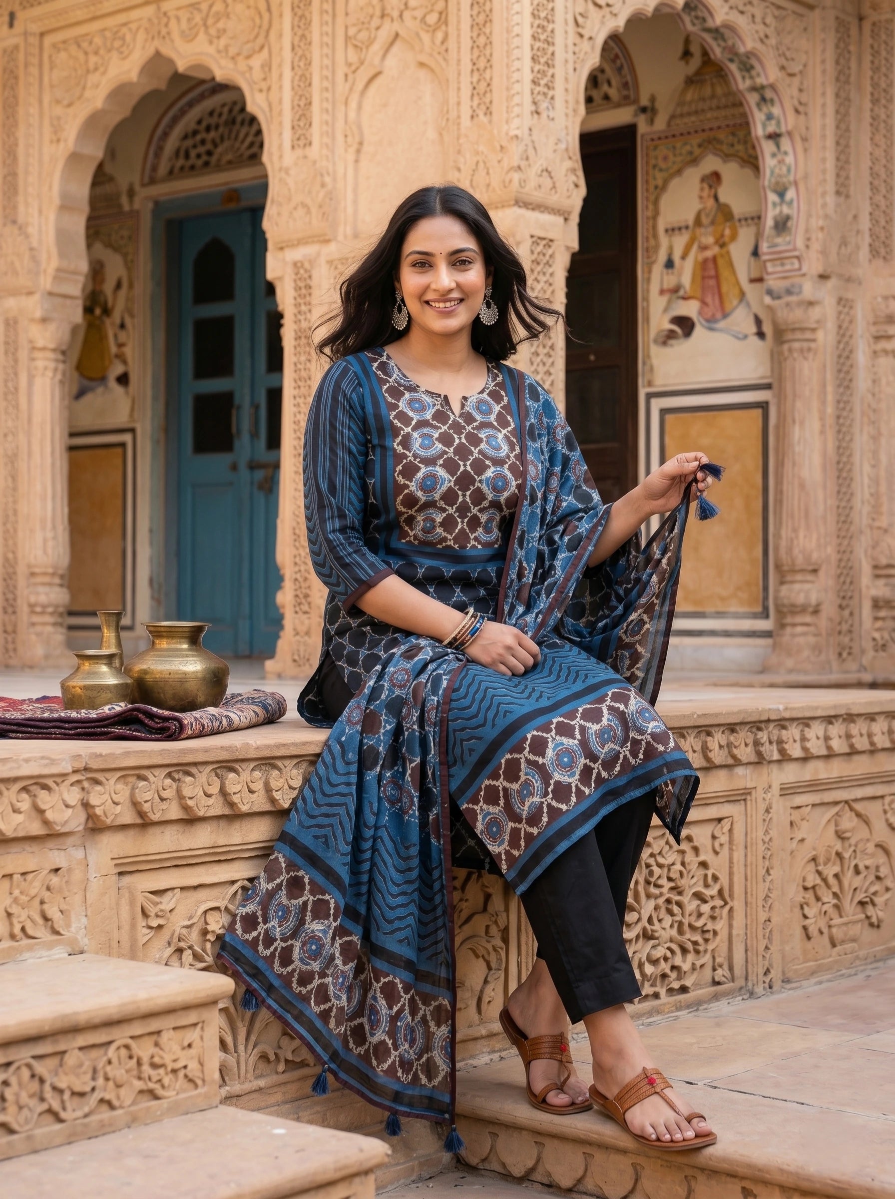 TEAL BLUE BLOCK PRINT NECK EMBROIDERED SUIT SET