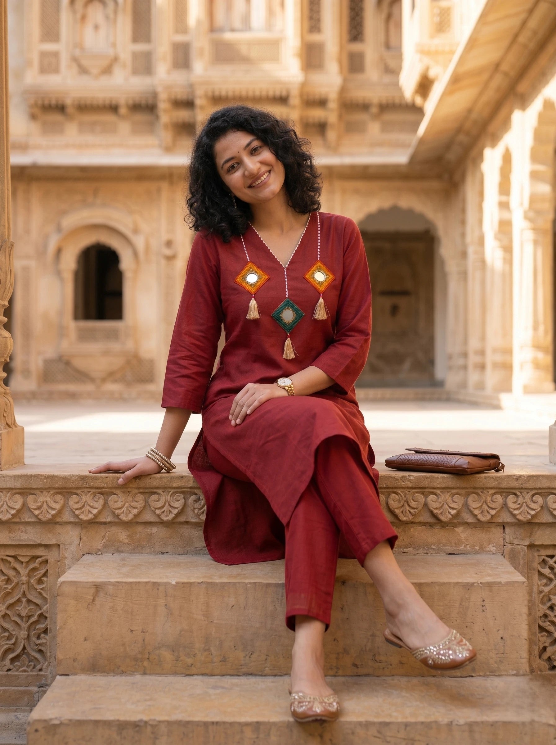 MAROON EMBROIDERED STRAIGHT KURTA SET