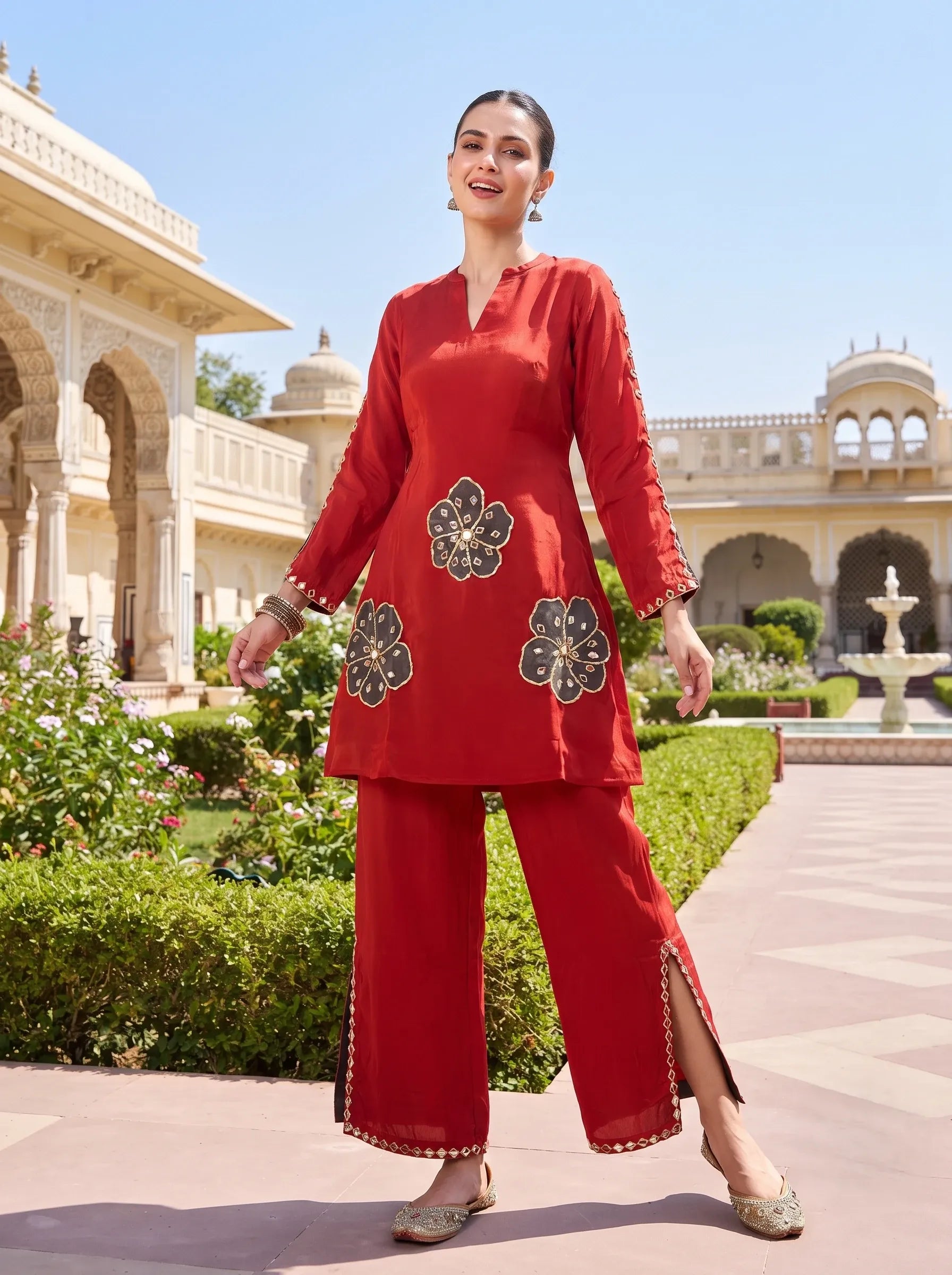 BURNT ORANGE FLORAL EMBROIDERED PURE CREPE  CO-ORD SET