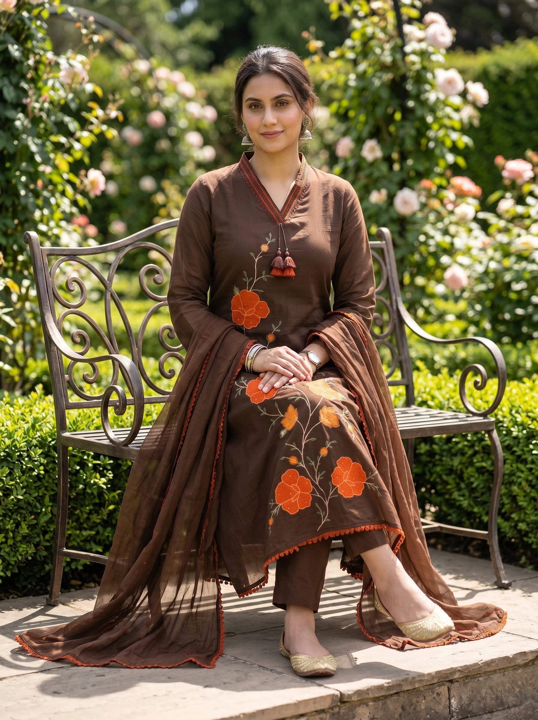 MOCHA BLOOM THREADWORK MUL COTTON SUIT SET