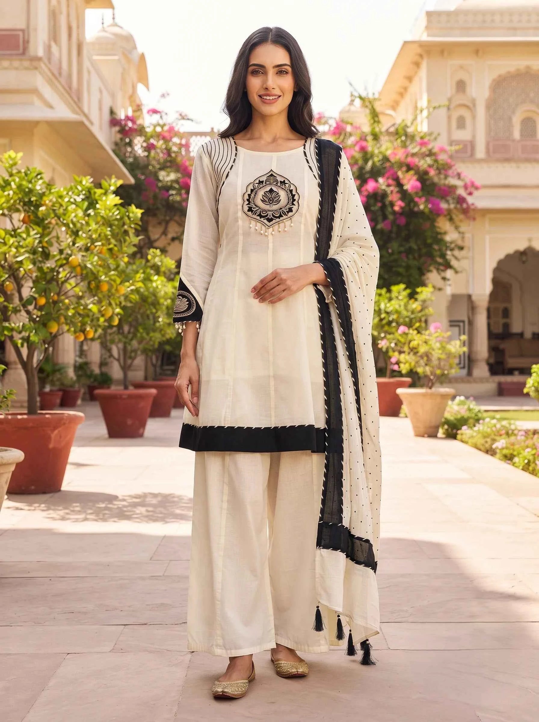 IVORY BLACK FULL EMBROIDERED PURE MUL CHANDERI SUIT WITH DUPATTA